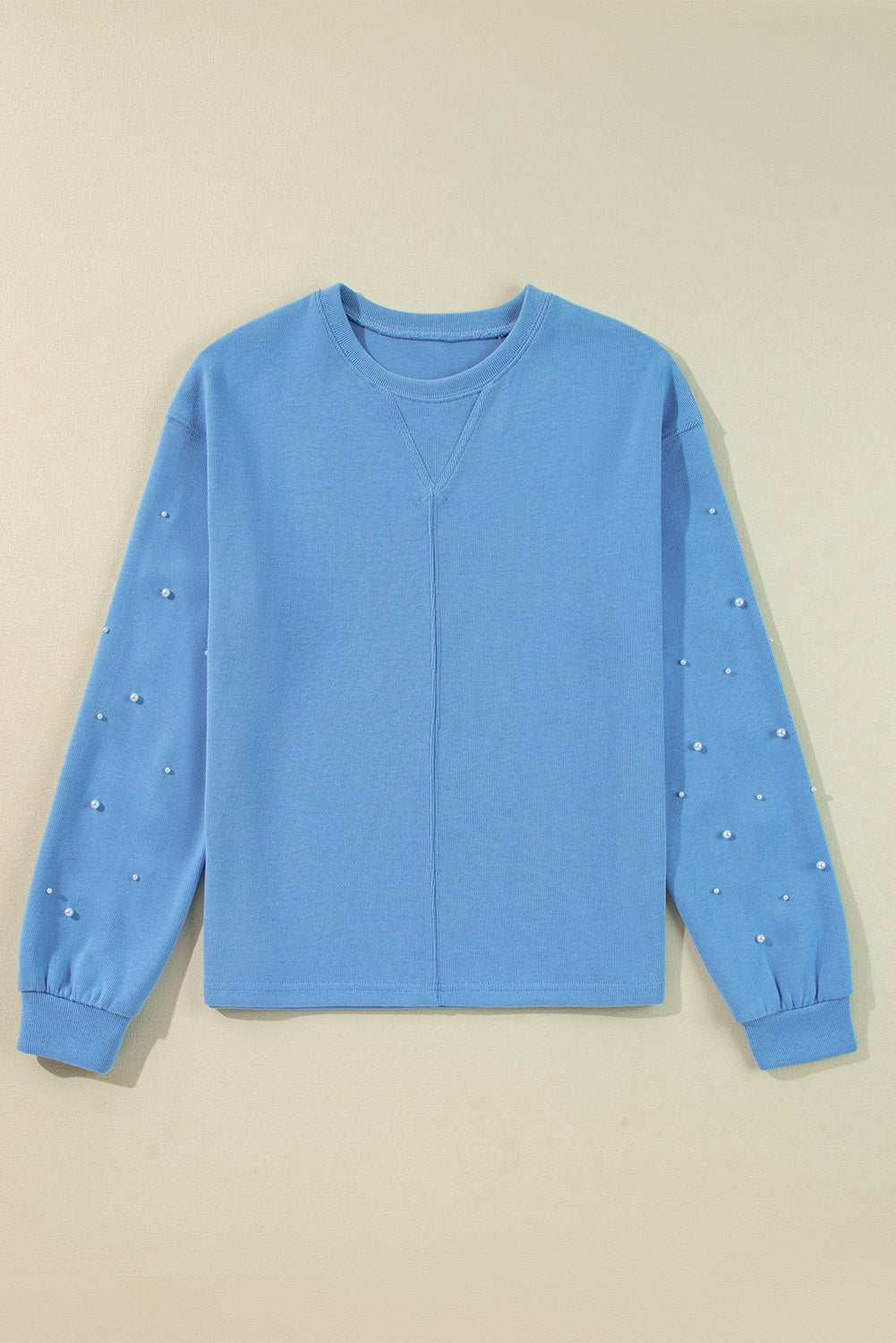 Myosotis Pearl Sleeves Ribbed Pullover Sweatshirt - MAD RUFFI