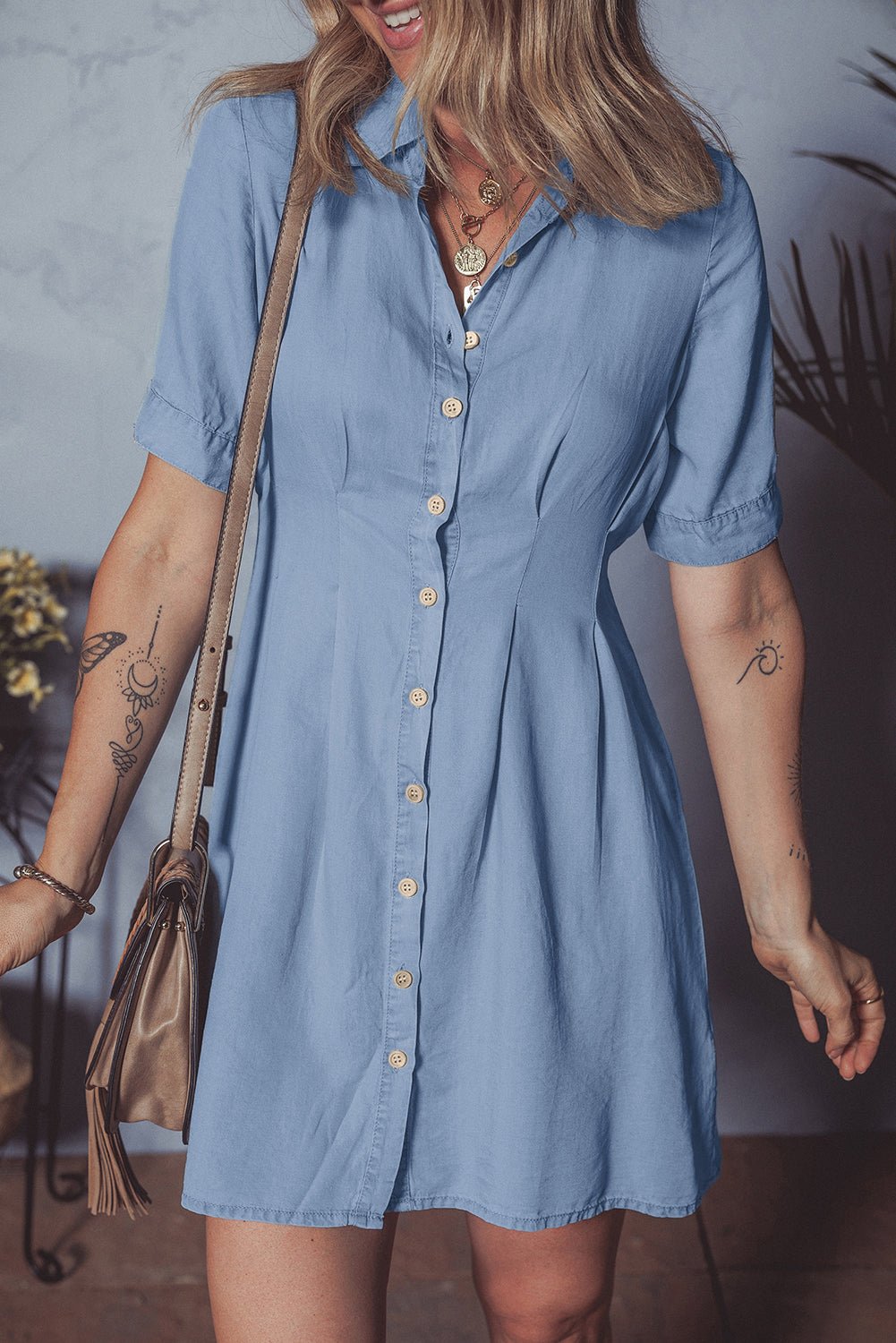 Myosotis Pleated High Waist Short Sleeve Shirt Dress - MAD RUFFI