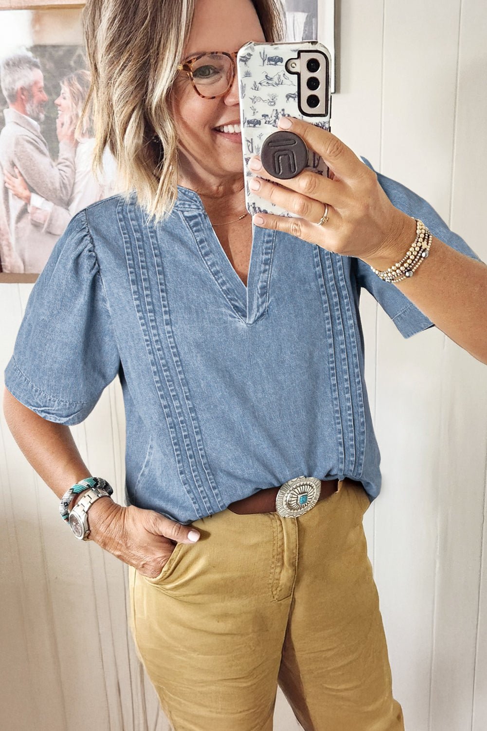 Myosotis Pleated Puff Sleeve Split V Neck Denim Top - MAD RUFFI