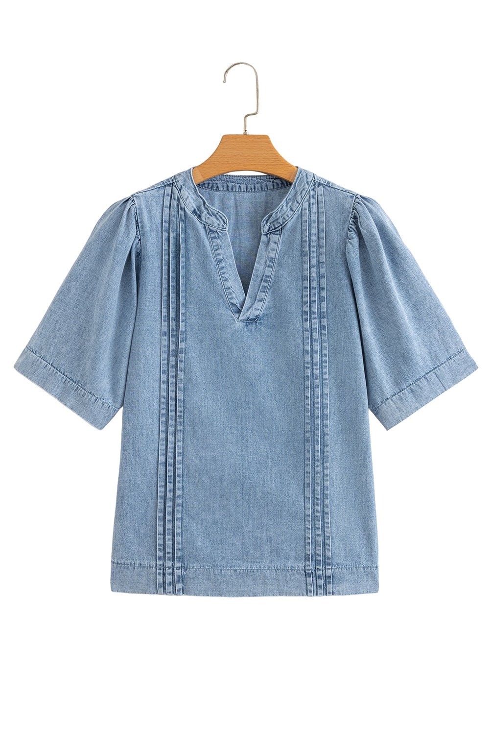 Myosotis Pleated Puff Sleeve Split V Neck Denim Top - MAD RUFFI