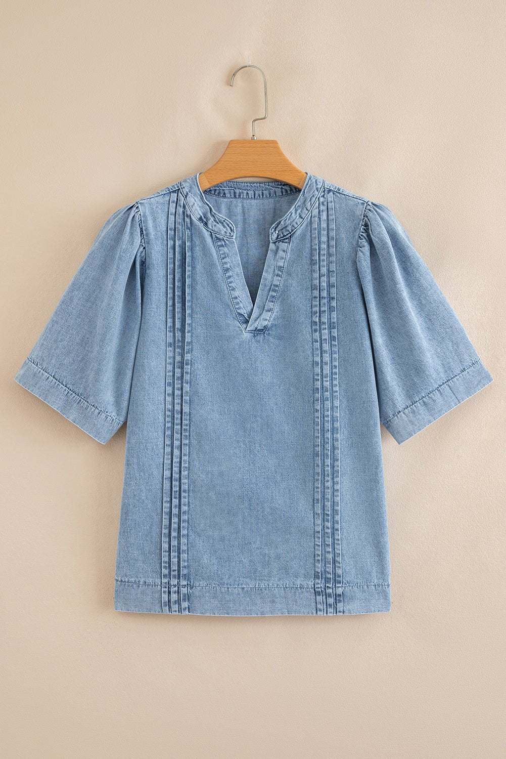 Myosotis Pleated Puff Sleeve Split V Neck Denim Top - MAD RUFFI