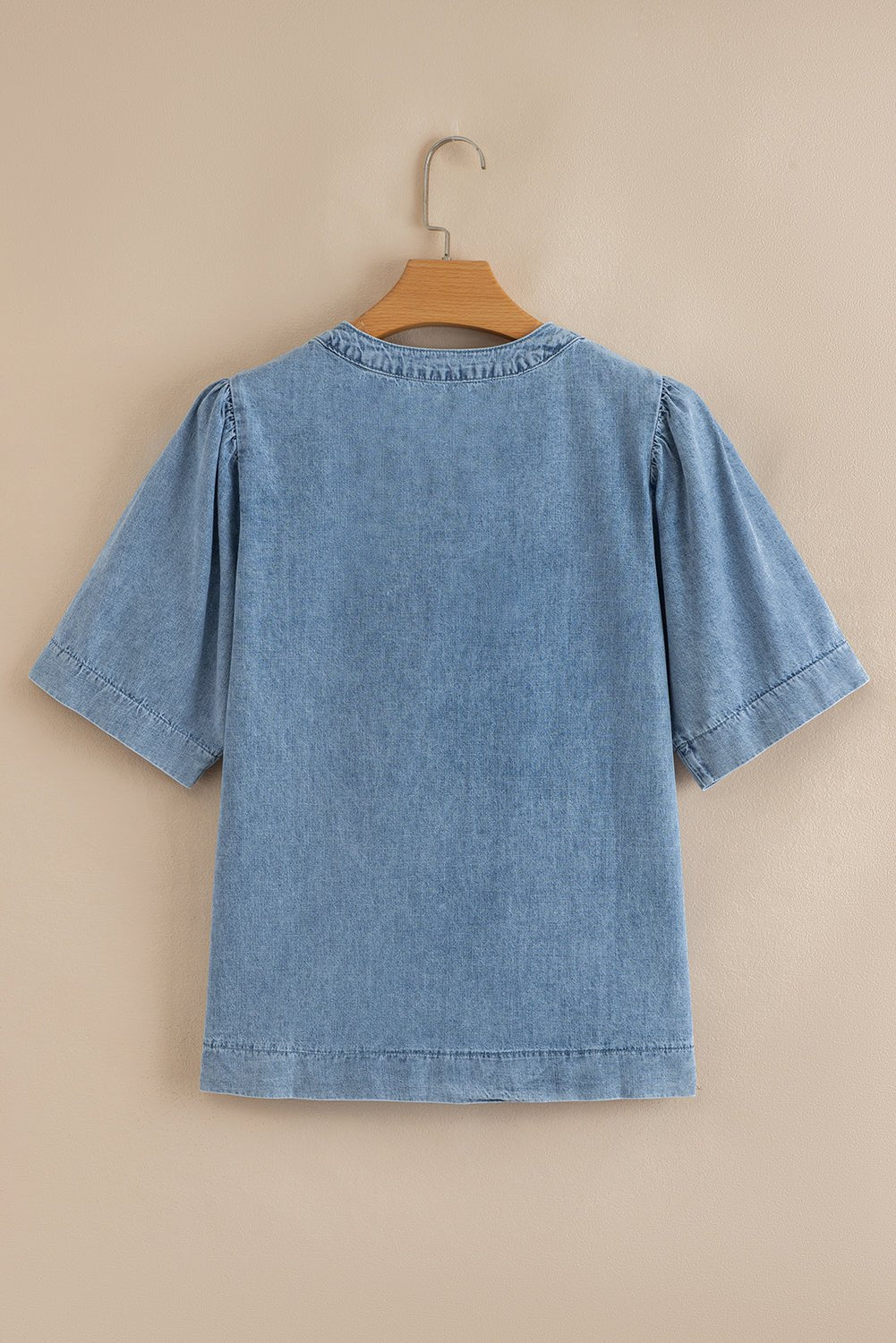 Myosotis Pleated Puff Sleeve Split V Neck Denim Top - MAD RUFFI