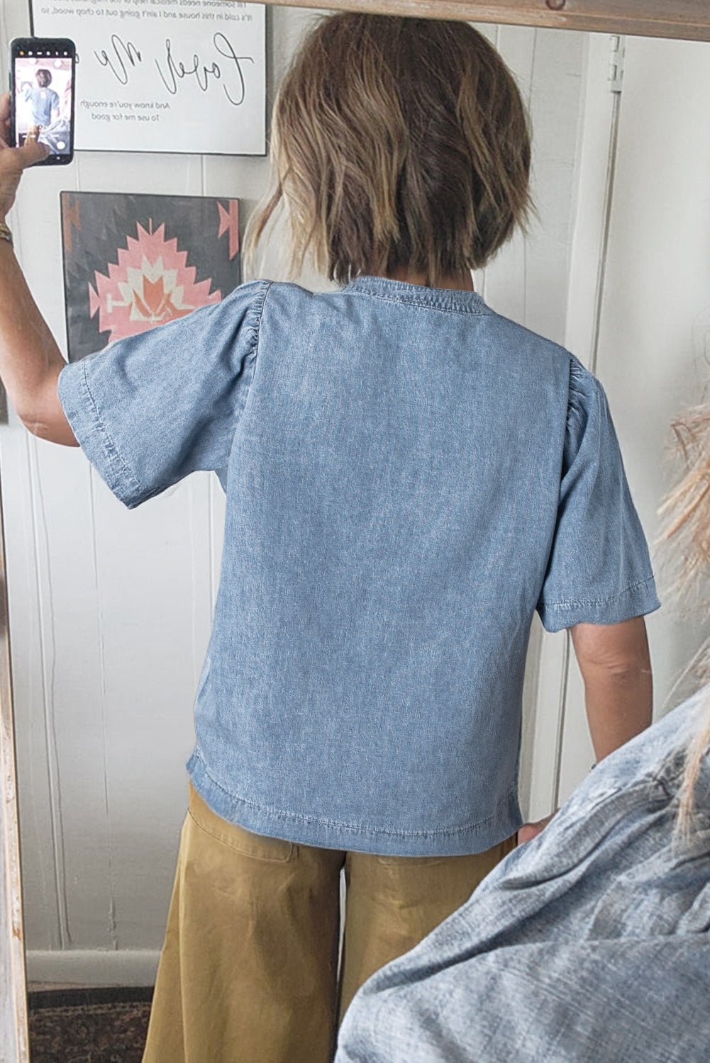 Myosotis Pleated Puff Sleeve Split V Neck Denim Top - MAD RUFFI