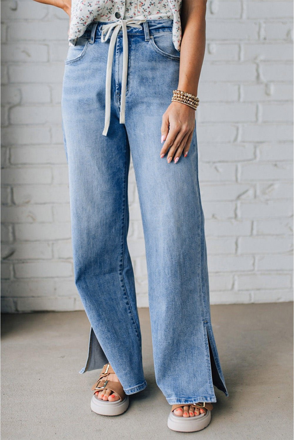 Myosotis Side Slit High Rise Drawstring Casual Jeans - MAD RUFFI