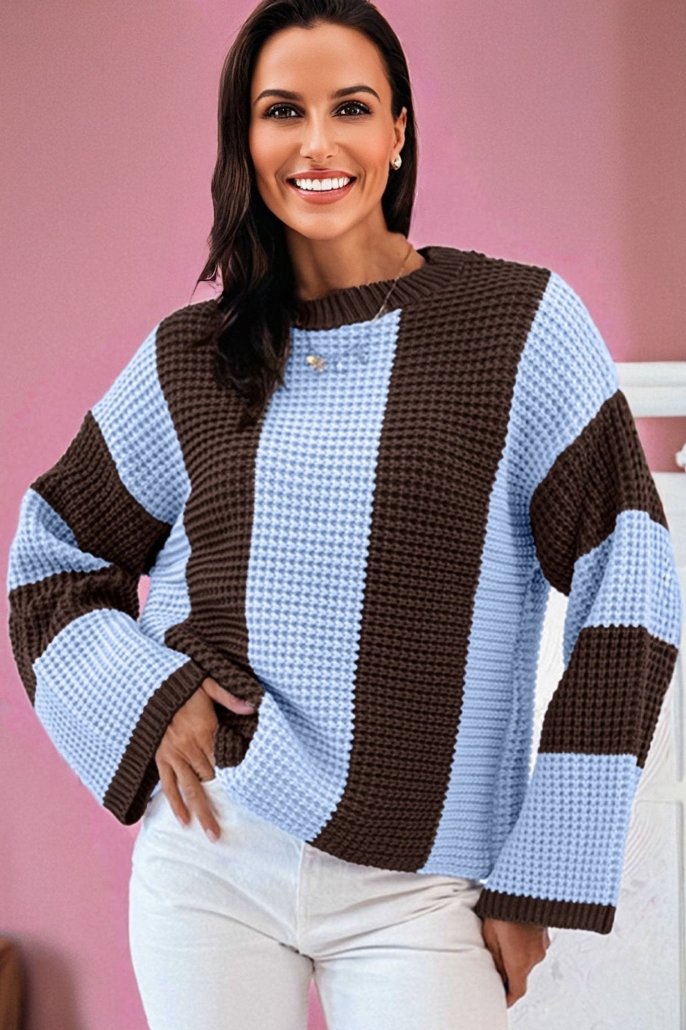 Myosotis Striped Color Block Thermal Textured Knit Drop Shoulder Sweater - MAD RUFFI
