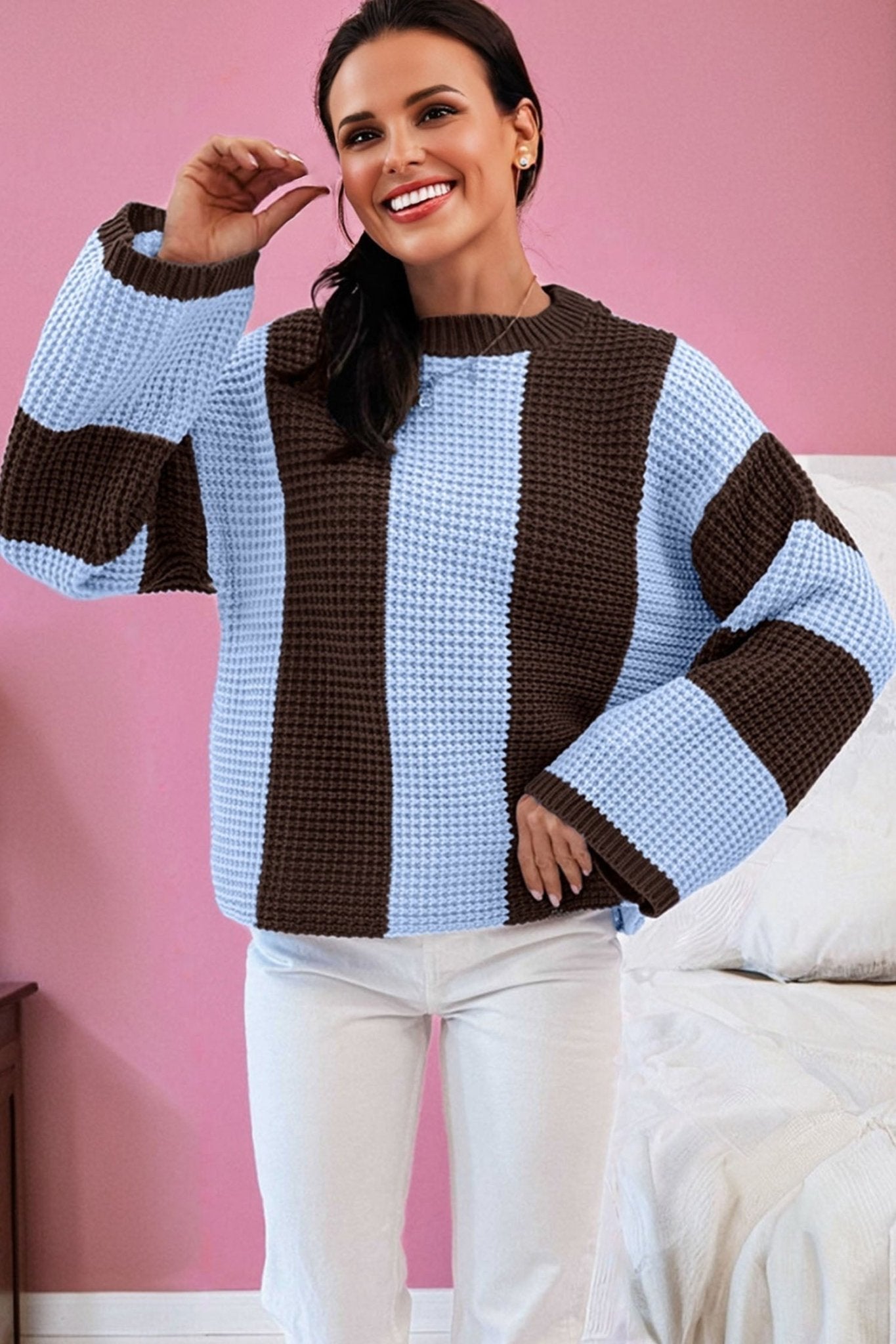 Myosotis Striped Color Block Thermal Textured Knit Drop Shoulder Sweater - MAD RUFFI