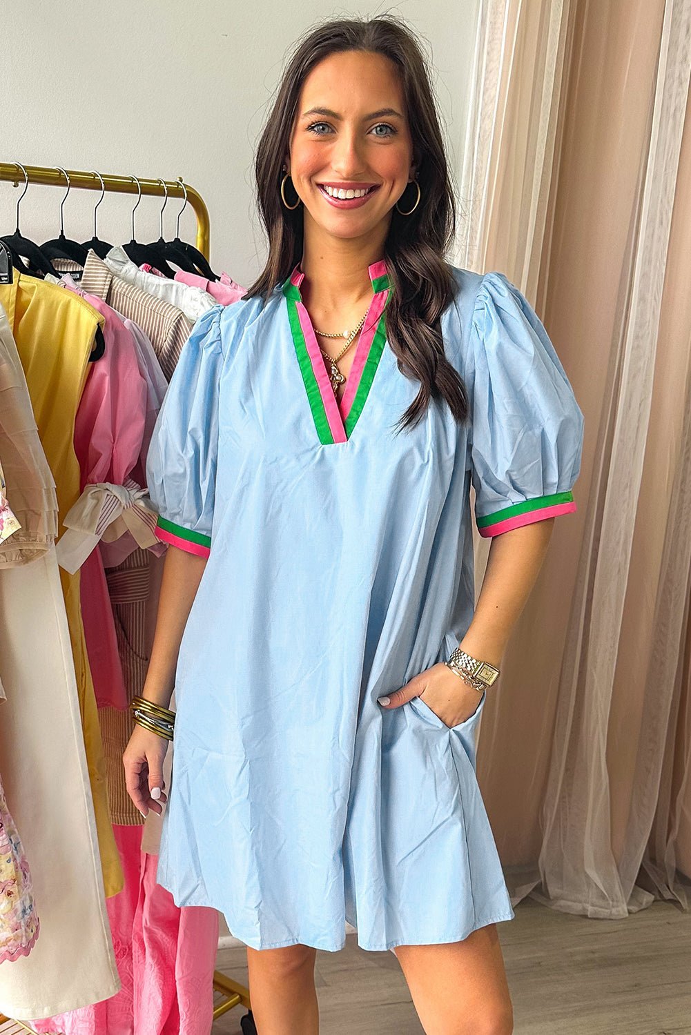 Myosotis Striped Pop of Color V Neck Puff Sleeve Mini Dress - MAD RUFFI