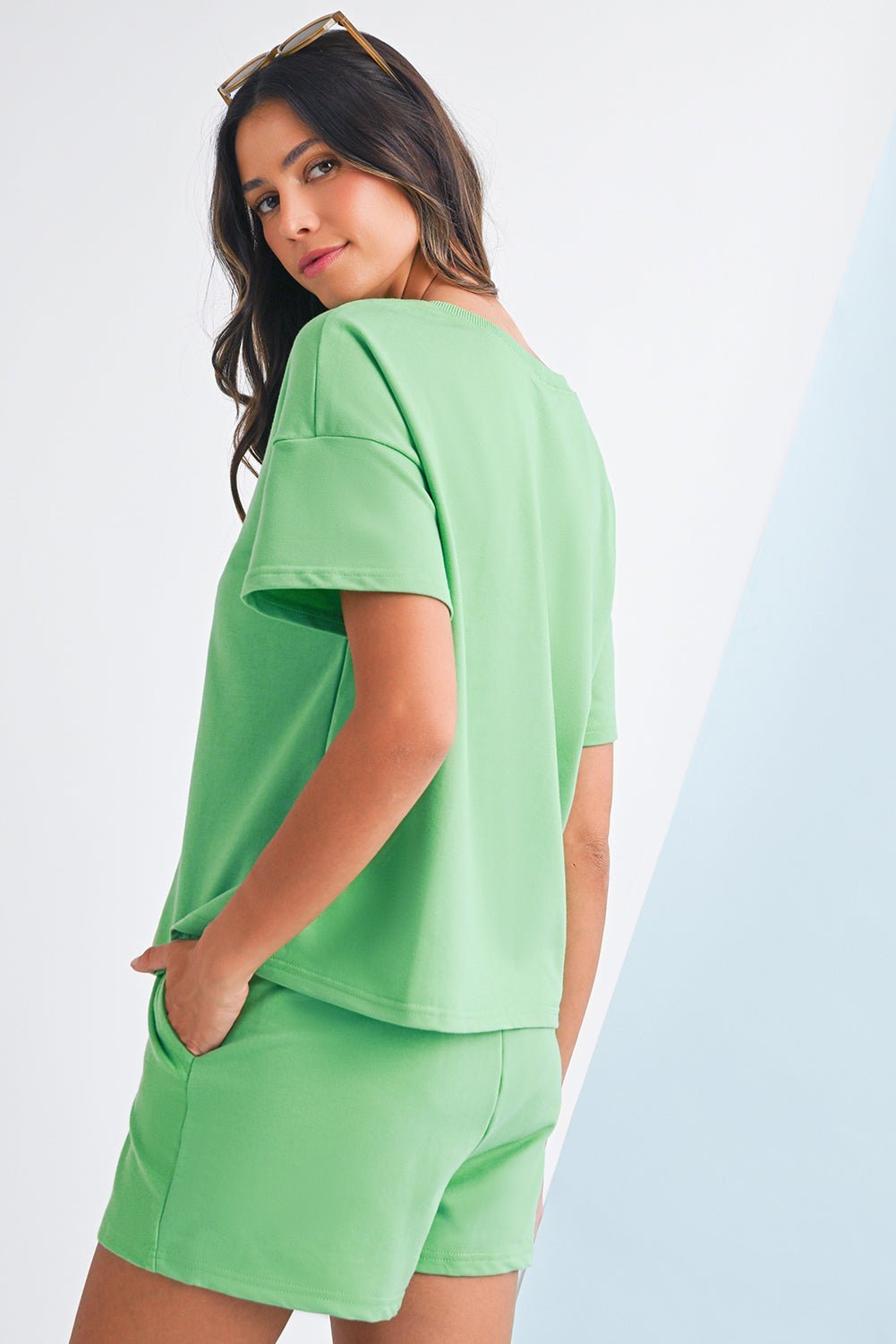 Myosotis V Neck Drop Shoulder Tee and Patchwork Shorts Set - MAD RUFFI