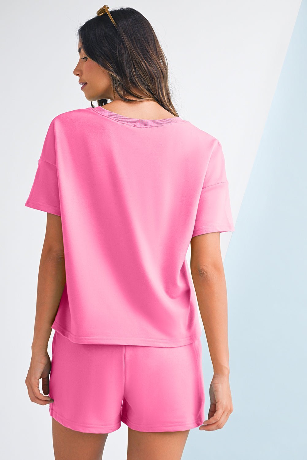 Myosotis V Neck Drop Shoulder Tee and Patchwork Shorts Set - MAD RUFFI