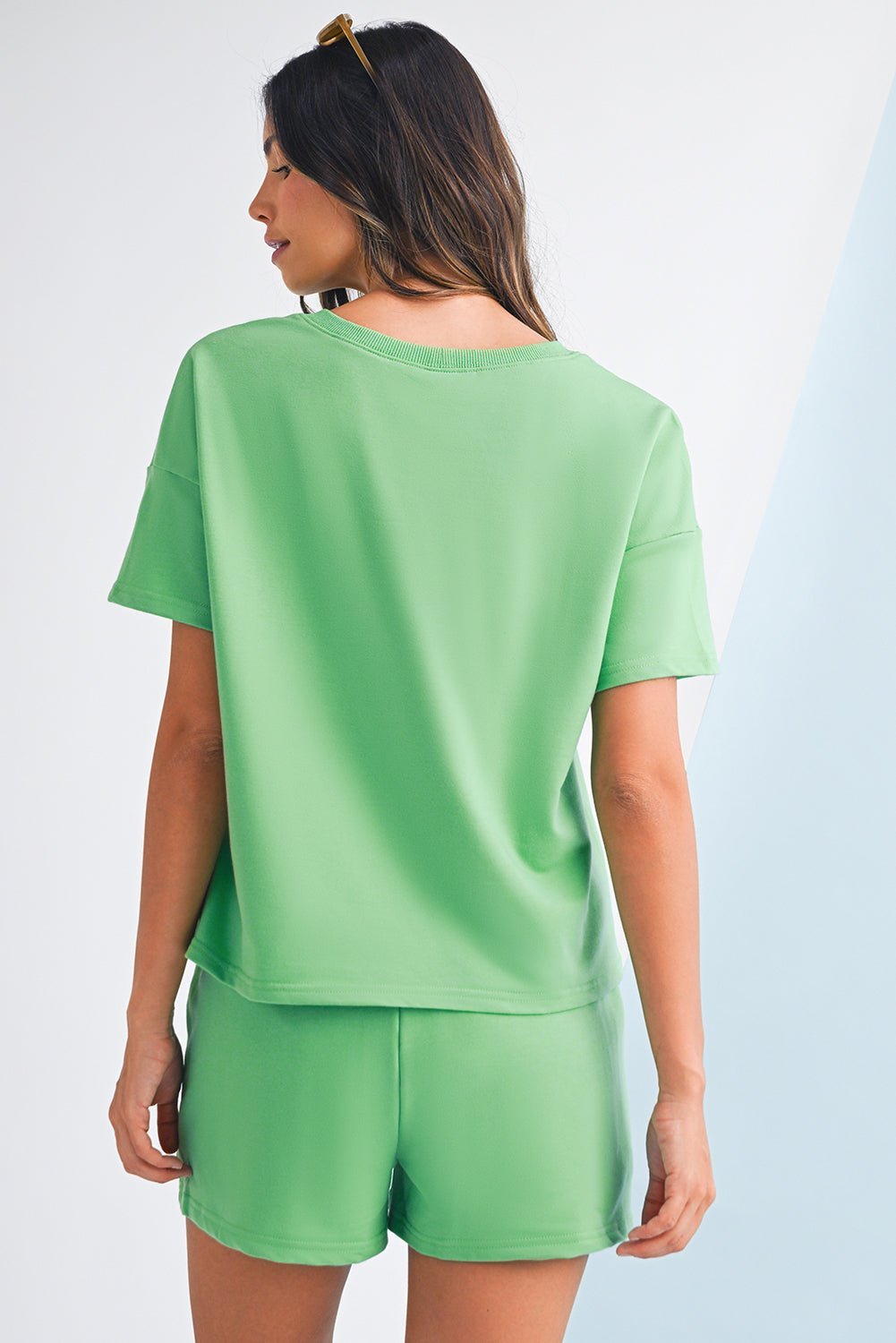 Myosotis V Neck Drop Shoulder Tee and Patchwork Shorts Set - MAD RUFFI