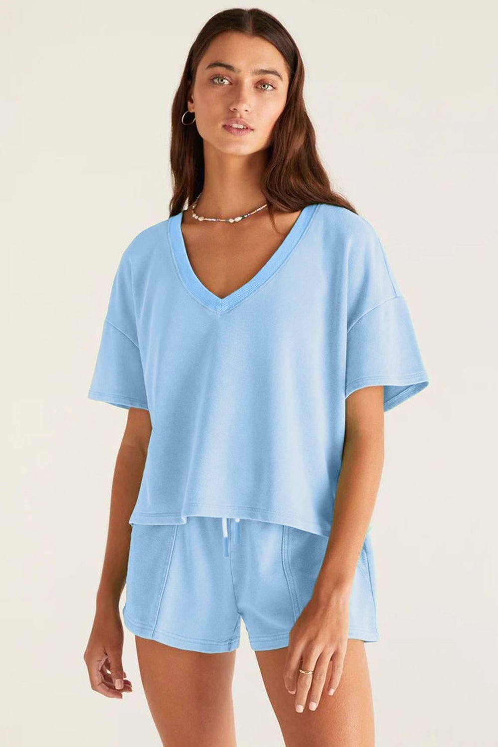 Myosotis V Neck Drop Shoulder Tee and Patchwork Shorts Set - MAD RUFFI