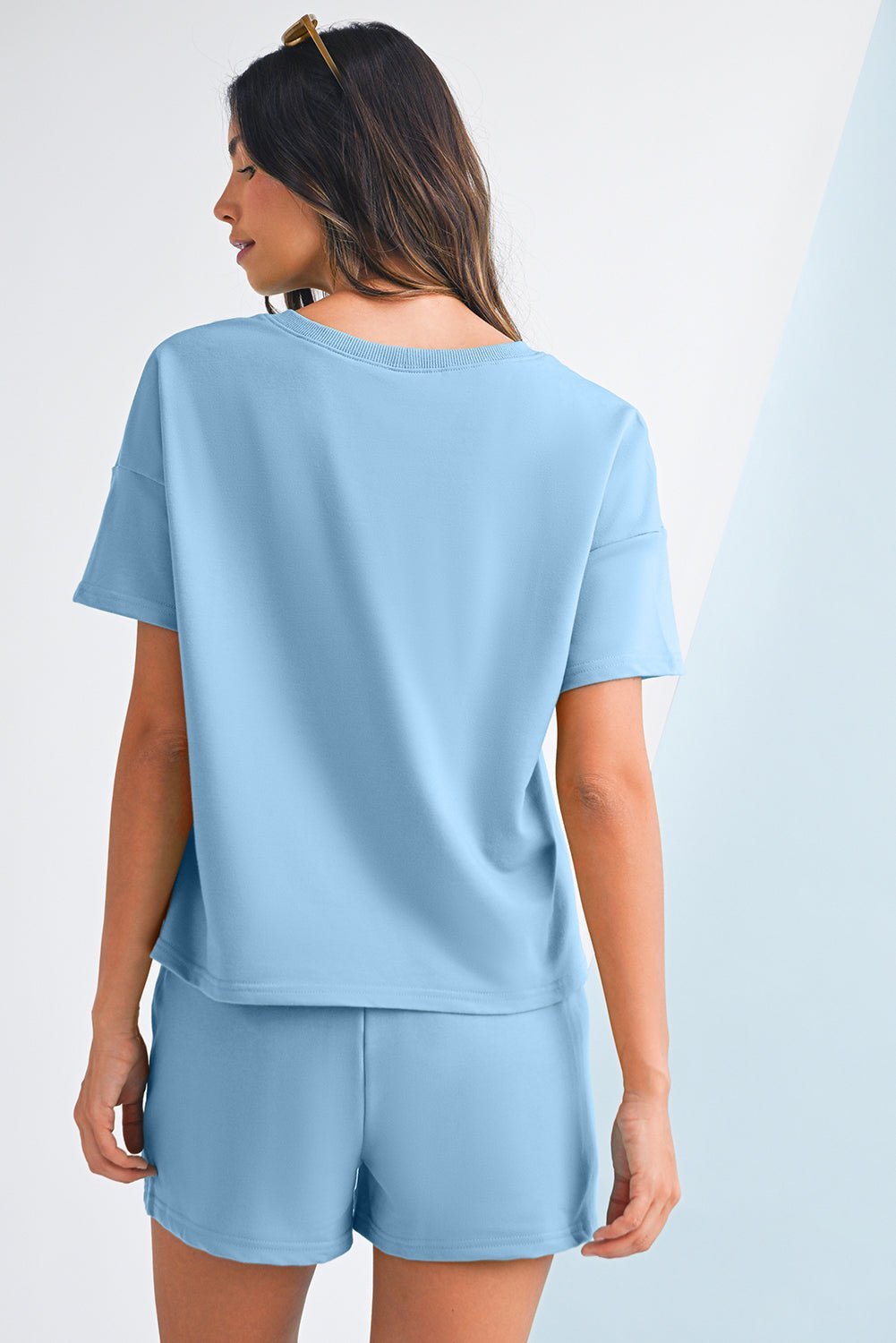 Myosotis V Neck Drop Shoulder Tee and Patchwork Shorts Set - MAD RUFFI