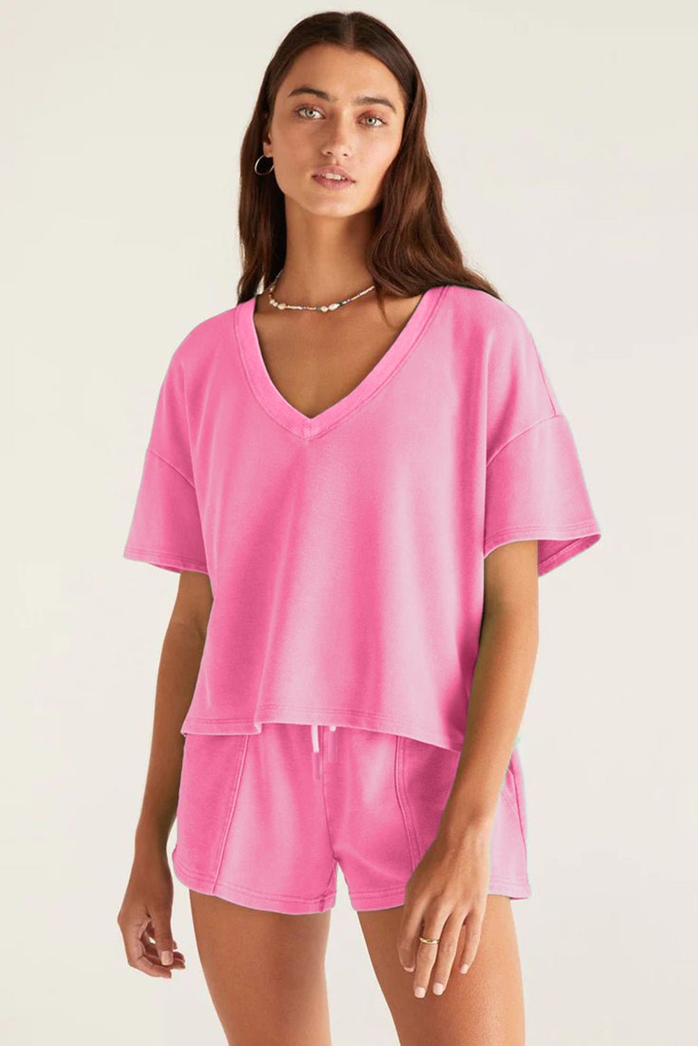 Myosotis V Neck Drop Shoulder Tee and Patchwork Shorts Set - MAD RUFFI