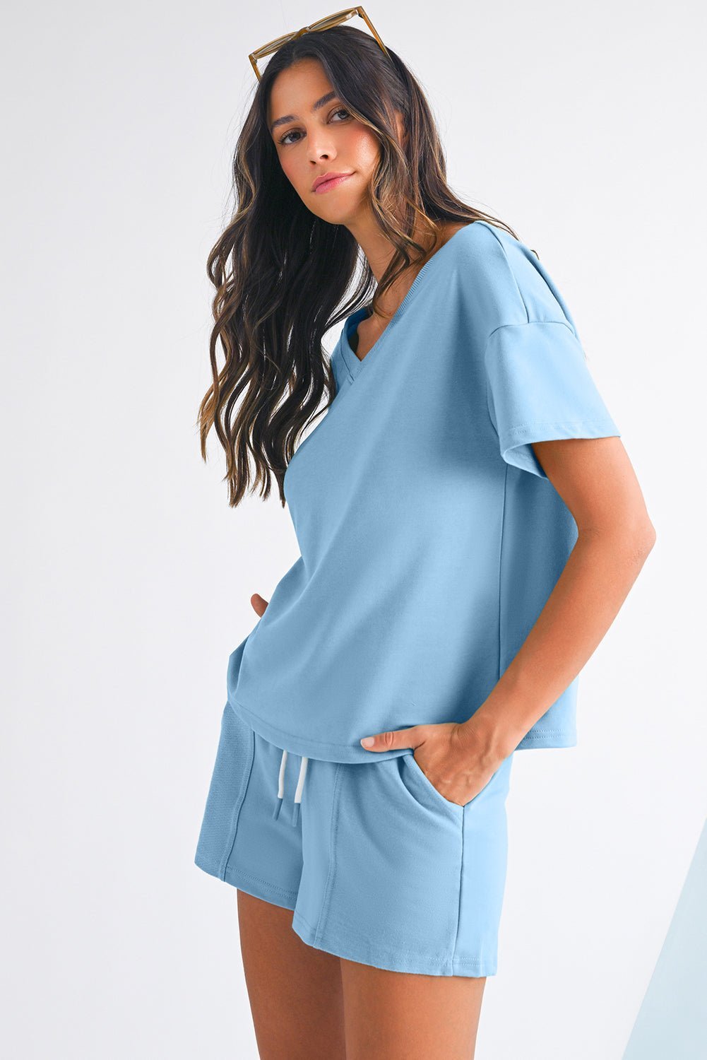 Myosotis V Neck Drop Shoulder Tee and Patchwork Shorts Set - MAD RUFFI