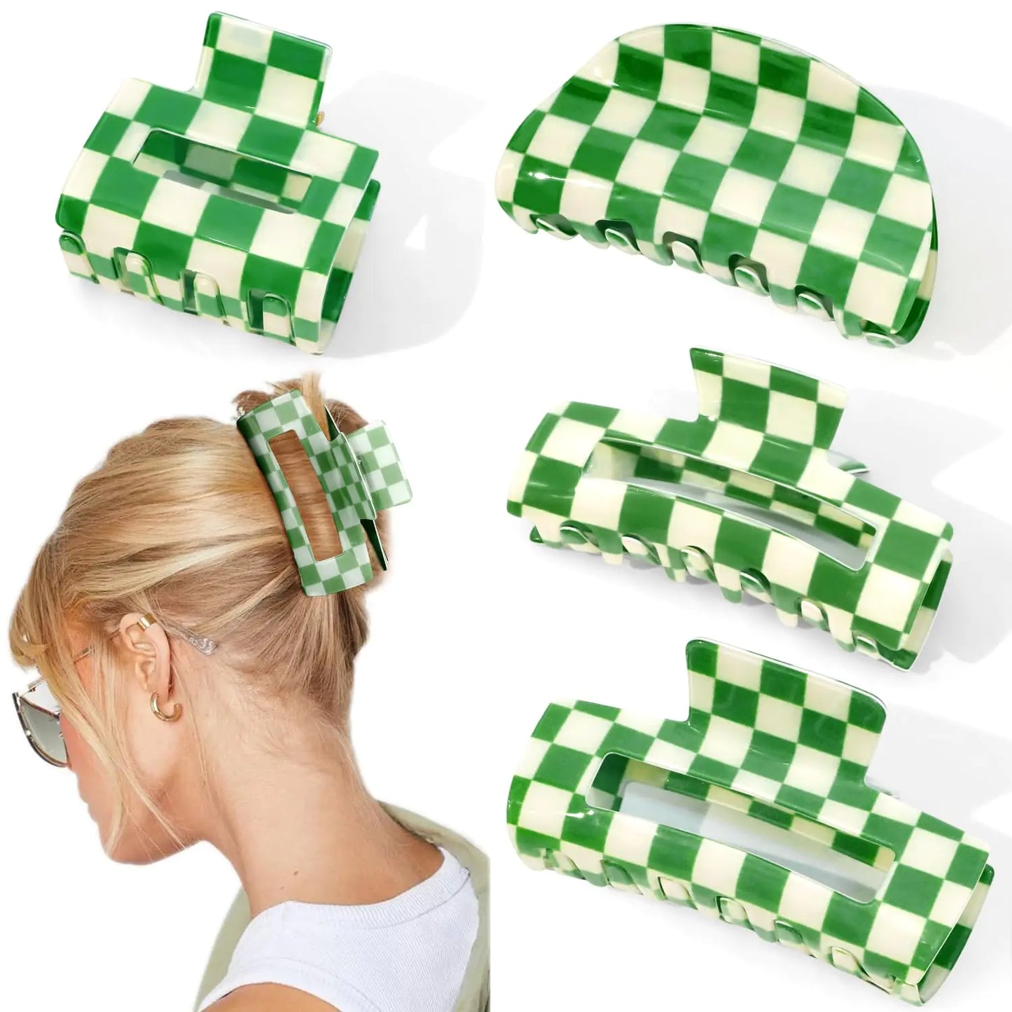 CHANACO Checkered Claw Hair Clips 4 Pcs Large Clips for Thick Hair Green Tortoise Barrettes Y2K Aesthetics Hair Accessories for Girls