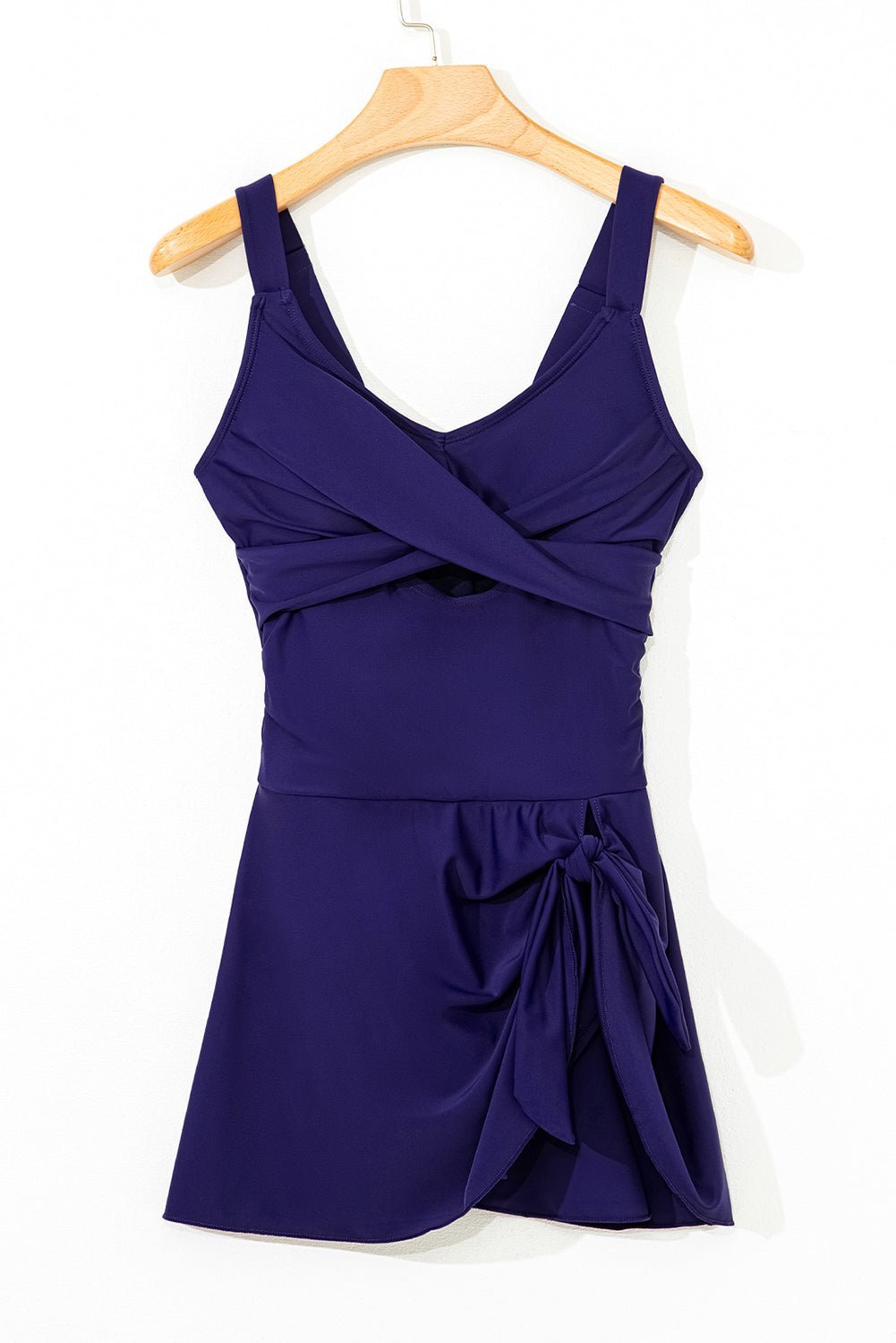 Navy Blue Adjustable Straps Cutout Ruched Knot Slit One Piece Swim Dress - MAD RUFFI