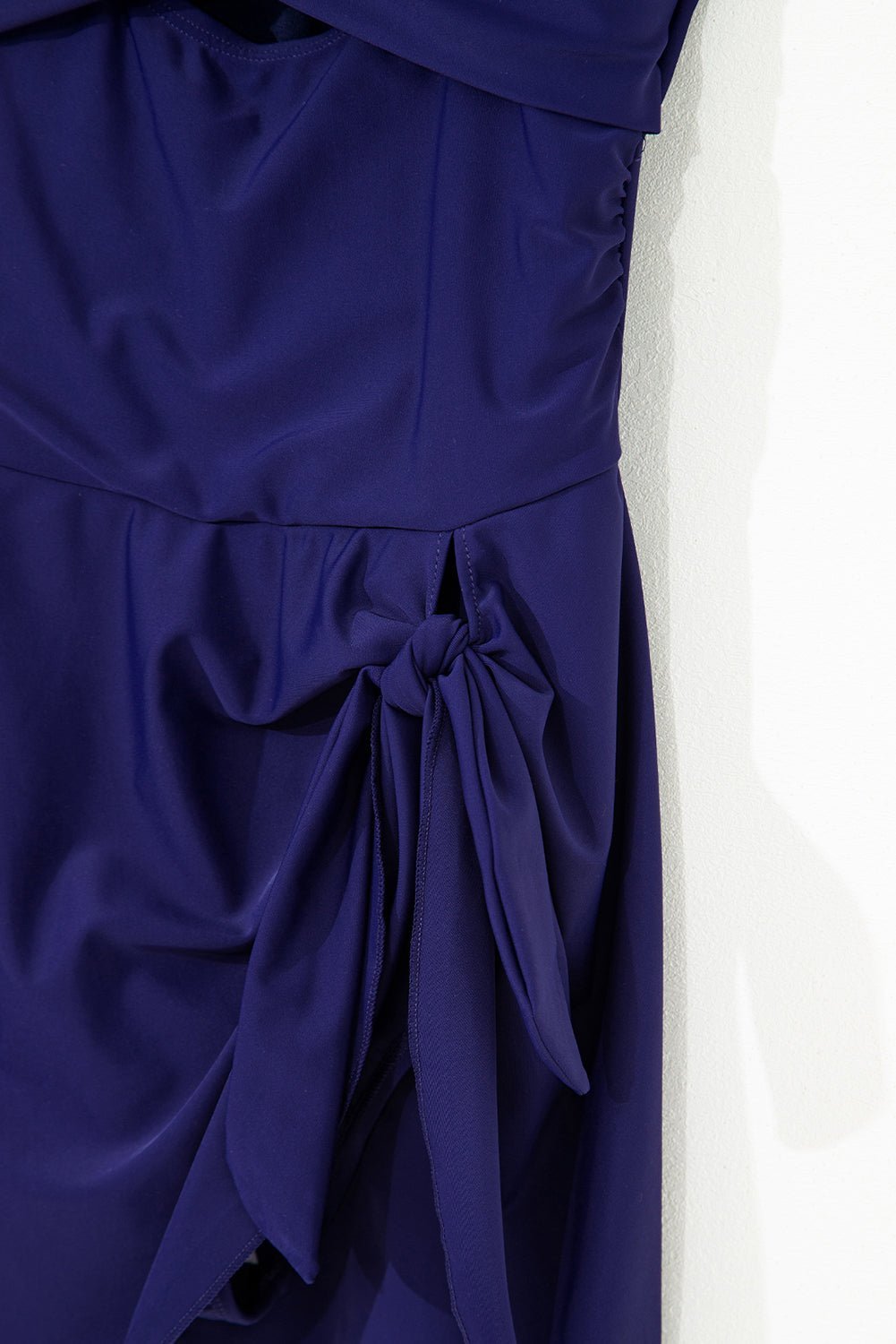 Navy Blue Adjustable Straps Cutout Ruched Knot Slit One Piece Swim Dress - MAD RUFFI