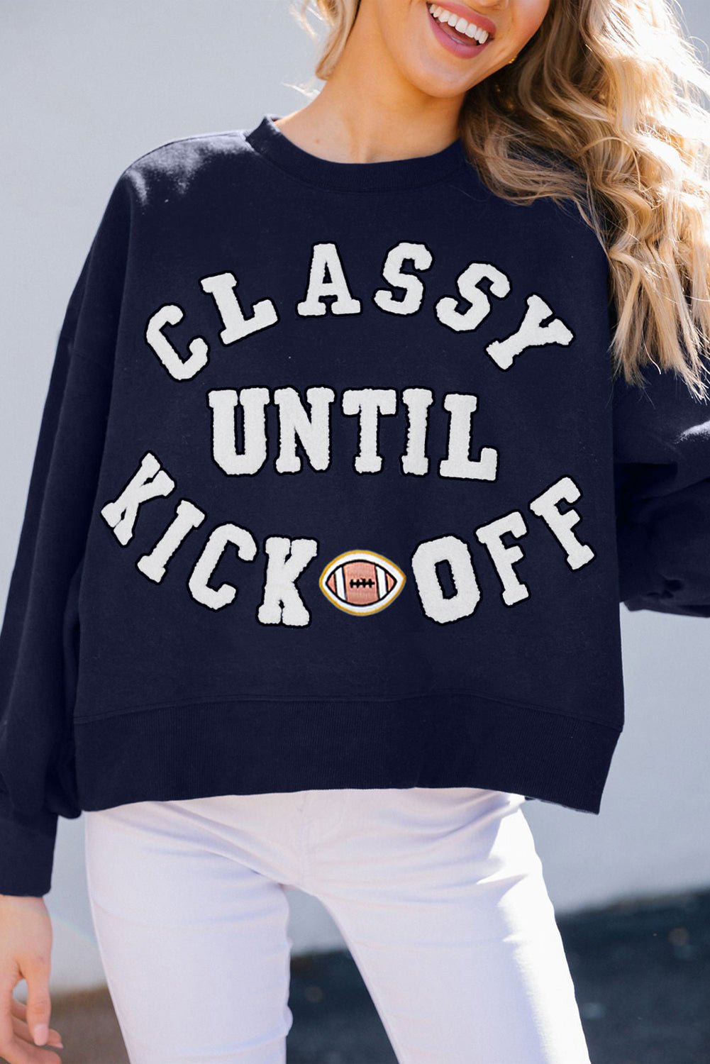 Navy Blue CLASSY UNTIL KICKOFF Letter Graphic Loose Sweatshirt - MAD RUFFI