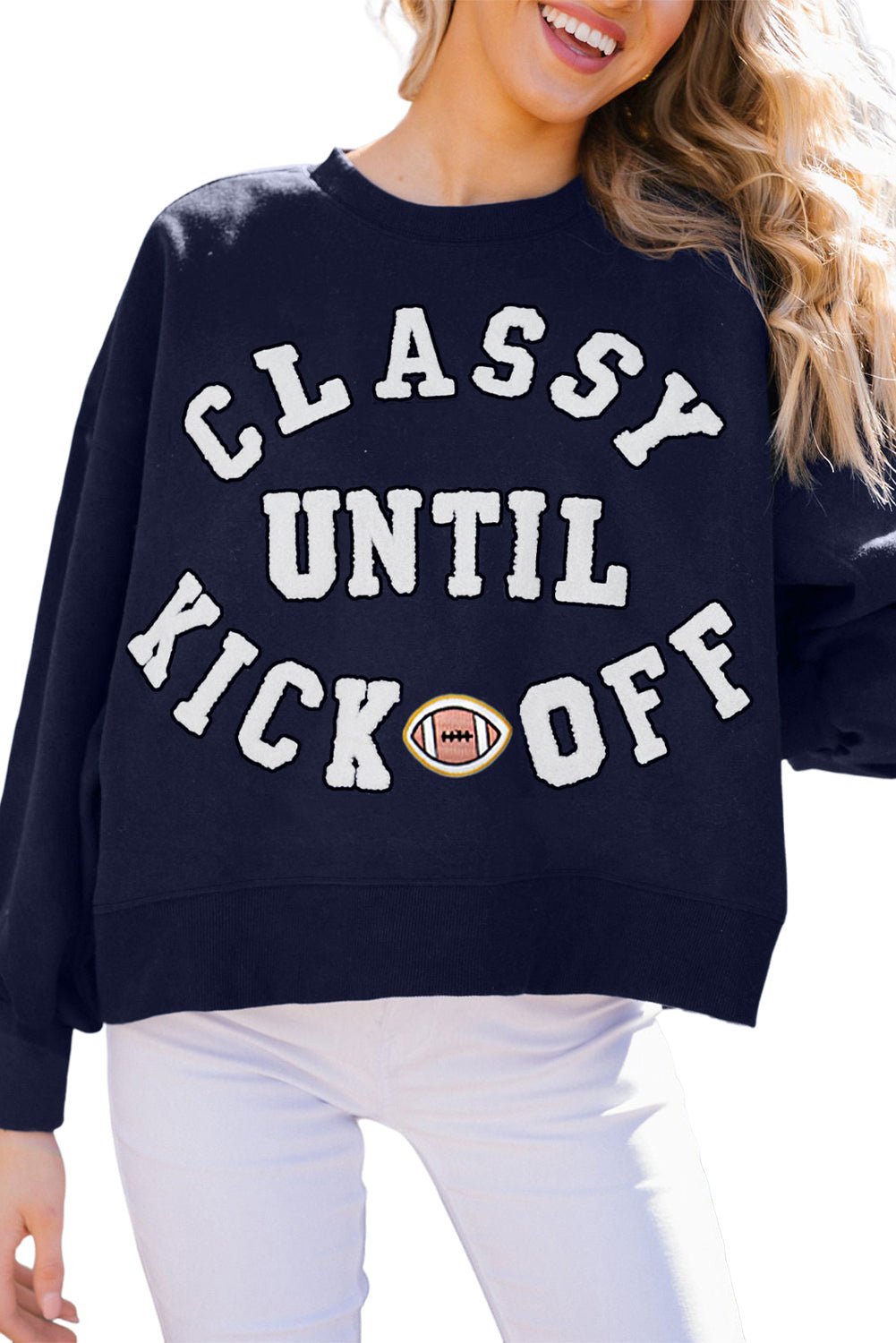 Navy Blue CLASSY UNTIL KICKOFF Letter Graphic Loose Sweatshirt - MAD RUFFI