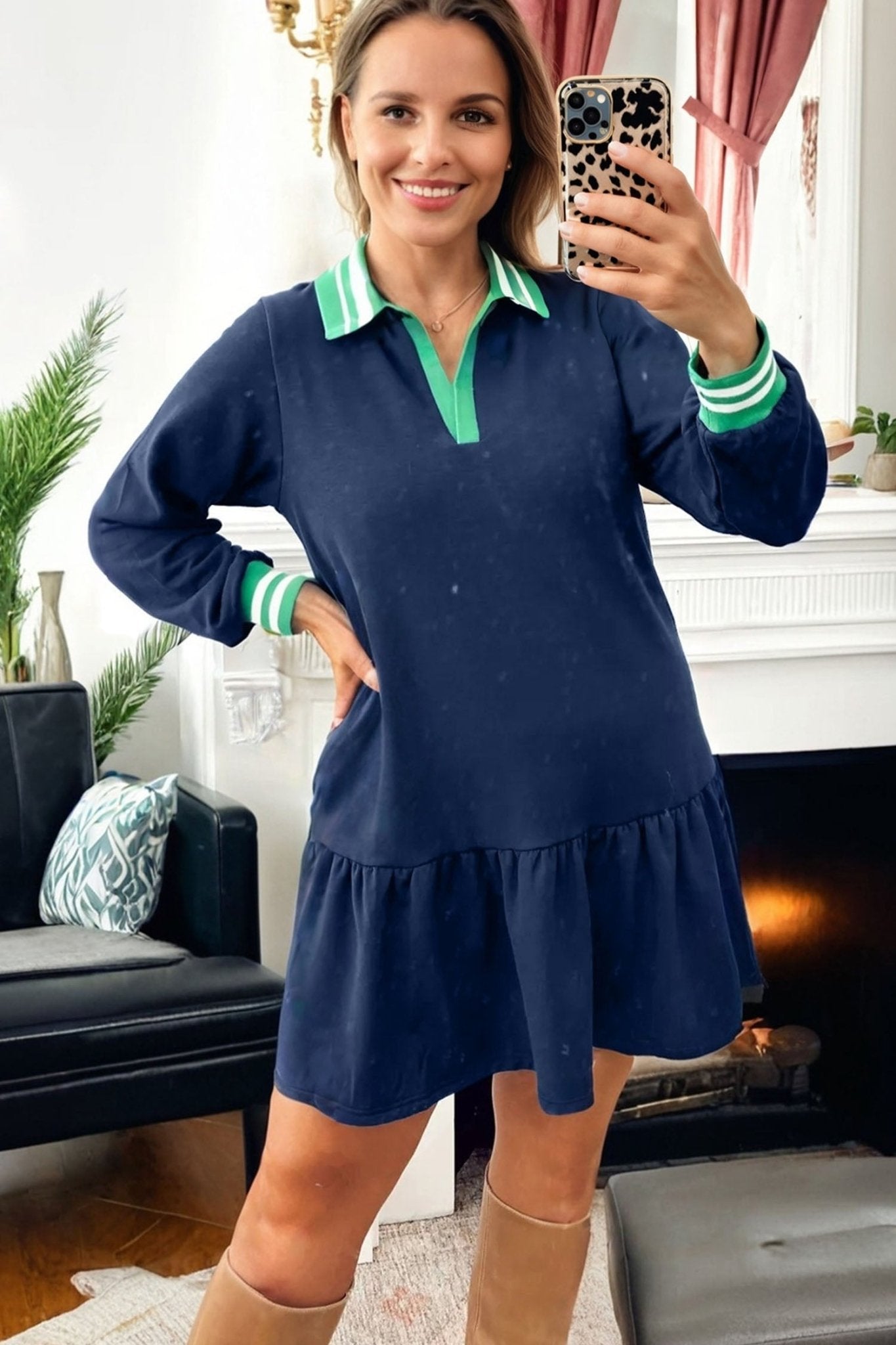 Navy Blue Contrast Striped Cuffs Polo Collar Patchwork Long Sleeve Ruffle Hem Mini Dress - MAD RUFFI