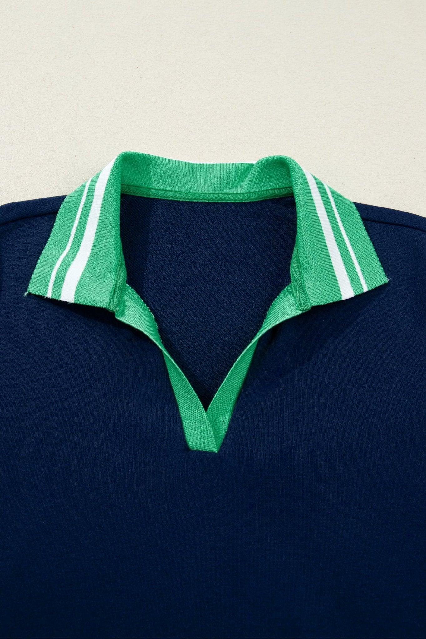 Navy Blue Contrast Striped Cuffs Polo Collar Patchwork Long Sleeve Ruffle Hem Mini Dress - MAD RUFFI