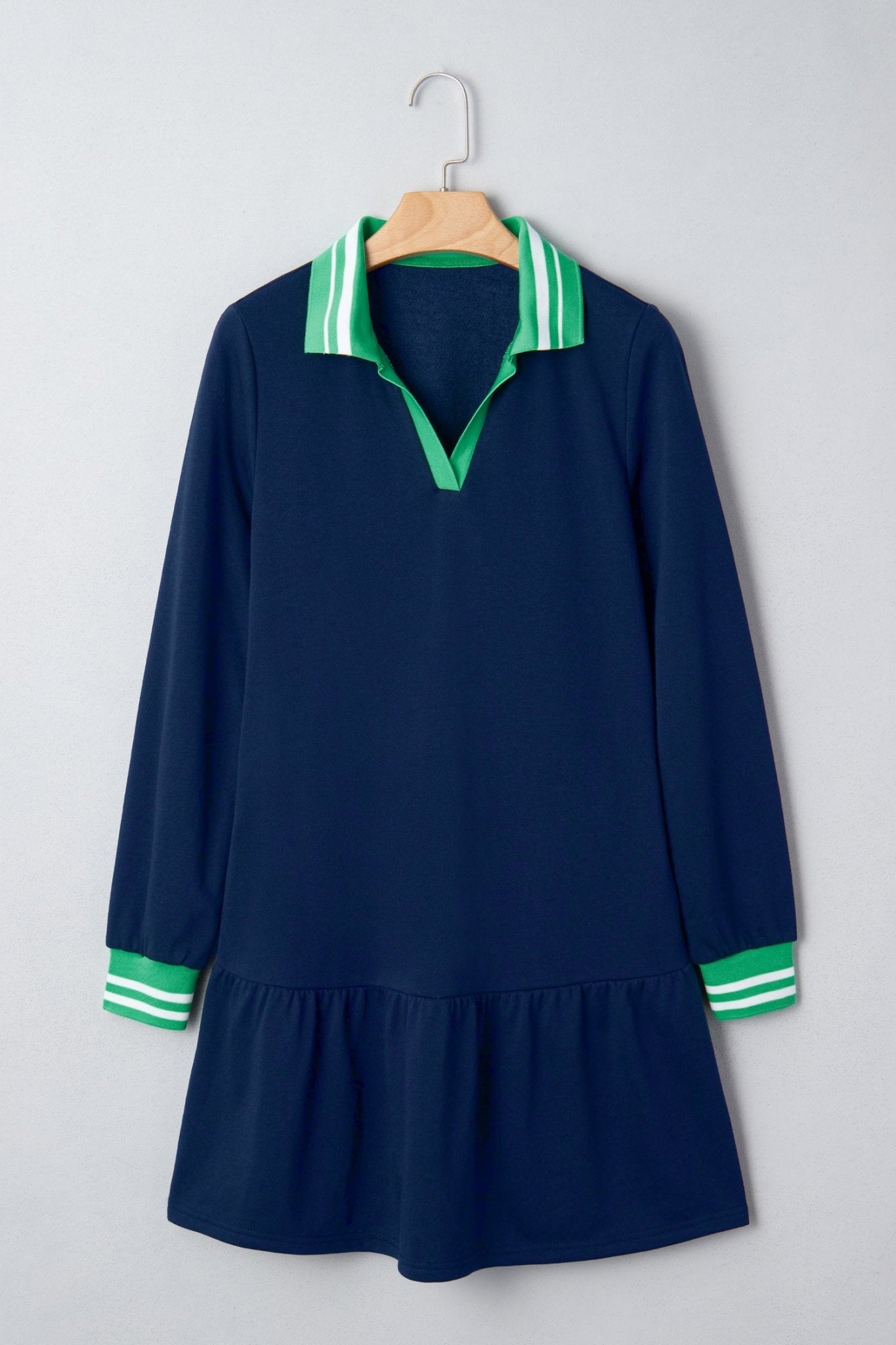 Navy Blue Contrast Striped Cuffs Polo Collar Patchwork Long Sleeve Ruffle Hem Mini Dress - MAD RUFFI