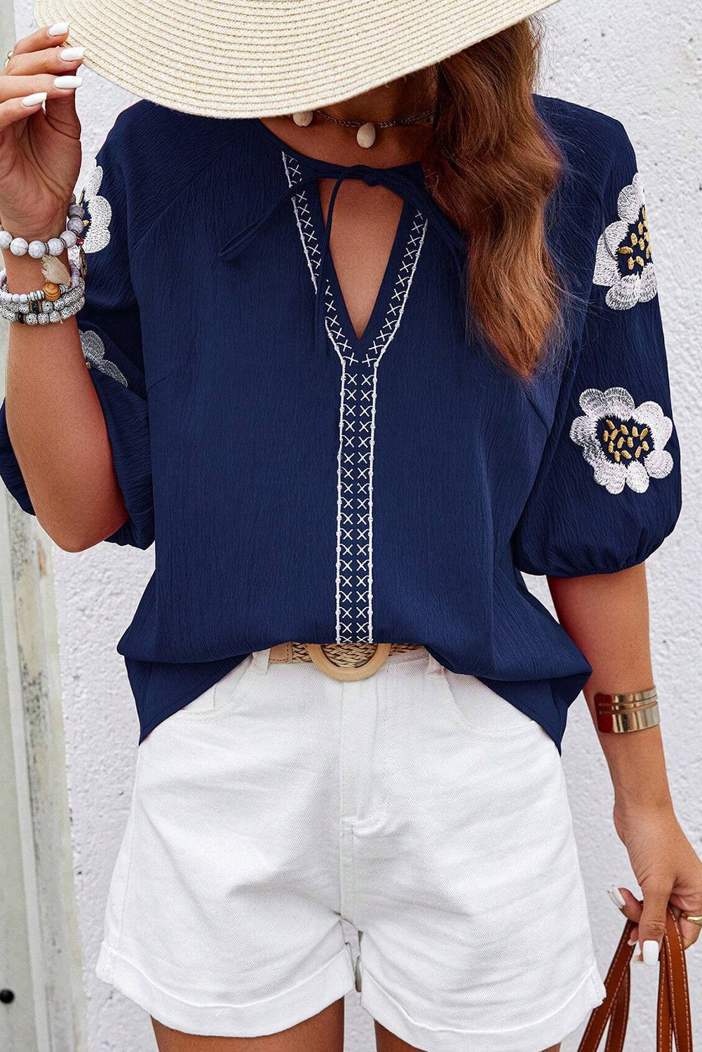 Navy Blue Embroidered Flower V Neck Elegant Half Sleeve Blouse - Blouses