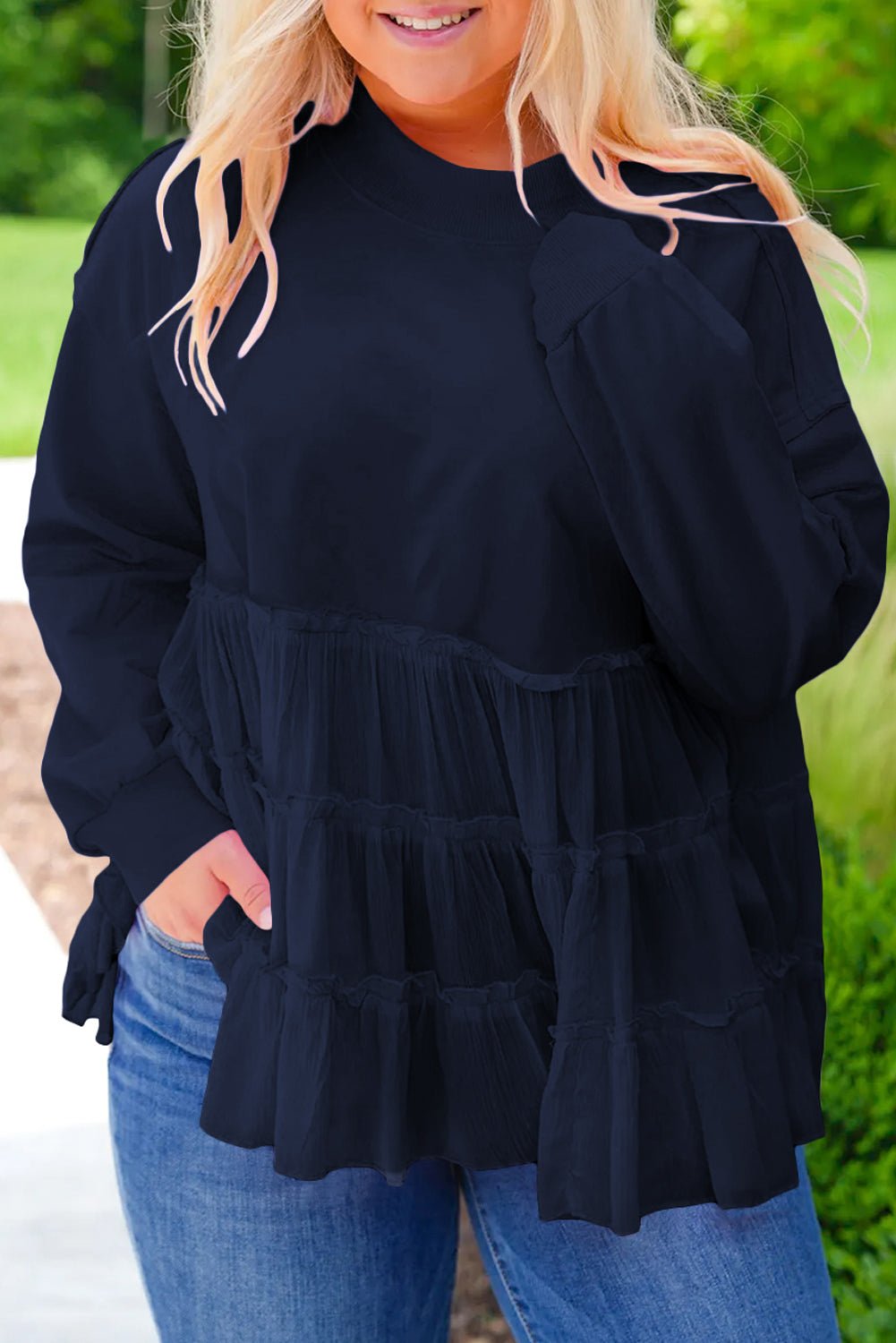 Navy Blue Frill Tiered Patchwork Ribbed Trim Flowy Plus Size Top - MAD RUFFI