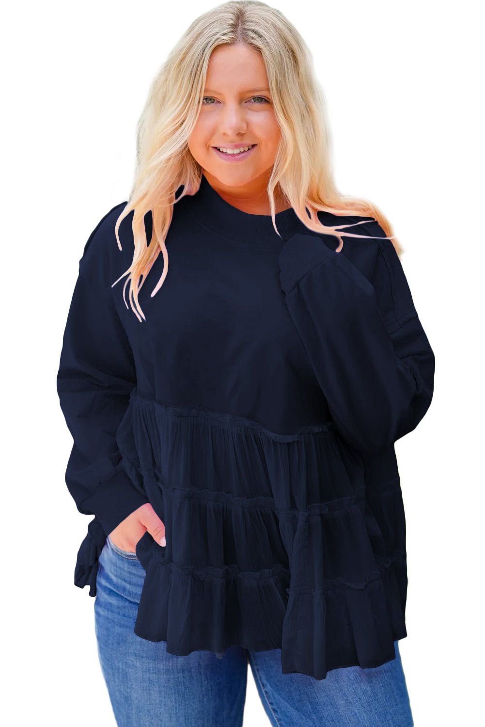 Navy Blue Frill Tiered Patchwork Ribbed Trim Flowy Plus Size Top - MAD RUFFI