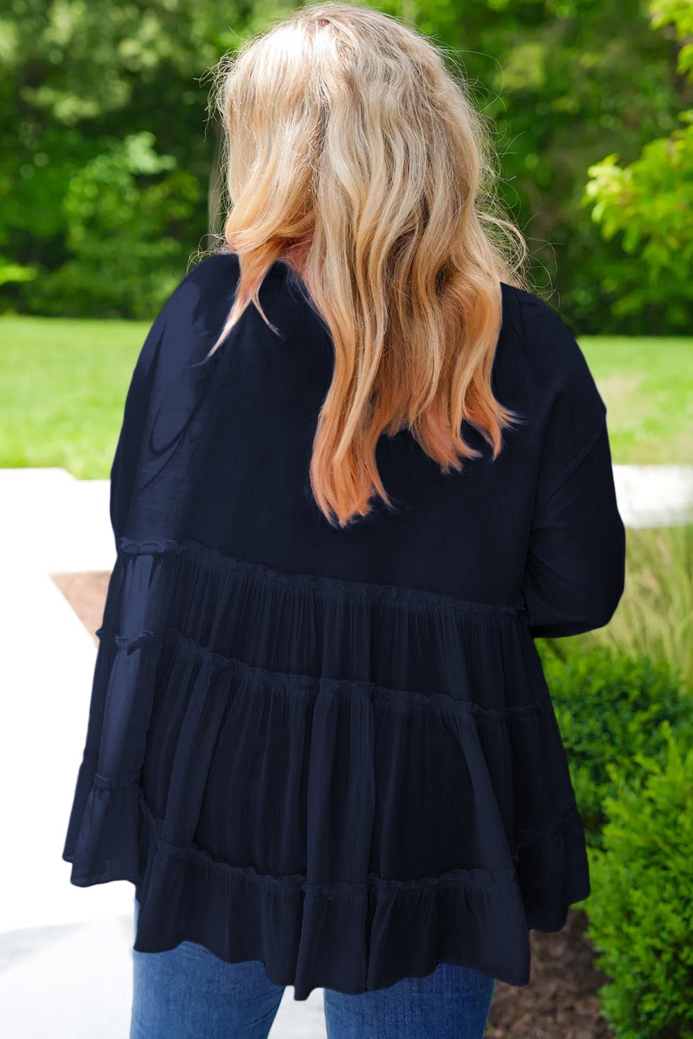 Navy Blue Frill Tiered Patchwork Ribbed Trim Flowy Plus Size Top - MAD RUFFI