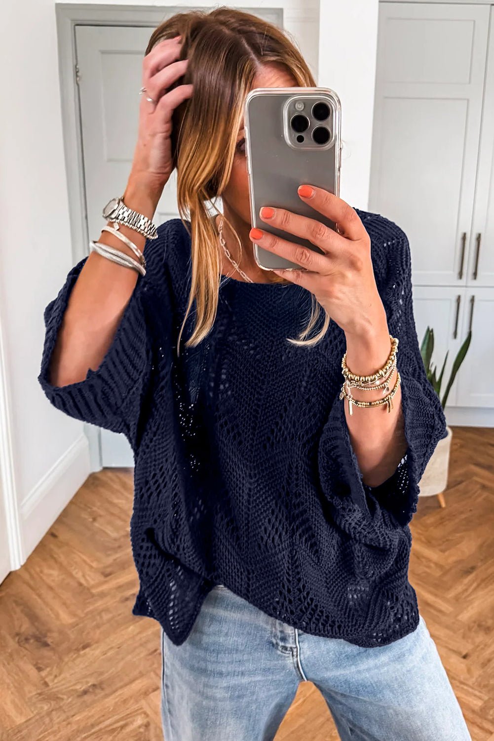 Navy Blue Hollow Out Knit 3/4 Sleeve Loose Sweater - MAD RUFFI