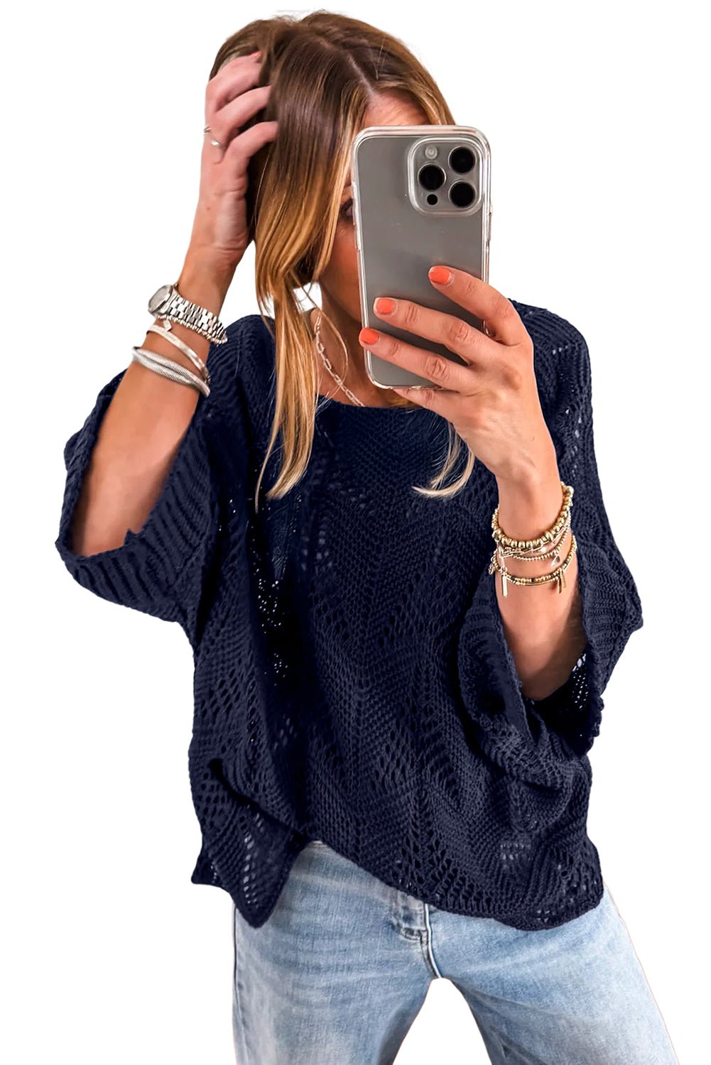 Navy Blue Hollow Out Knit 3/4 Sleeve Loose Sweater - MAD RUFFI