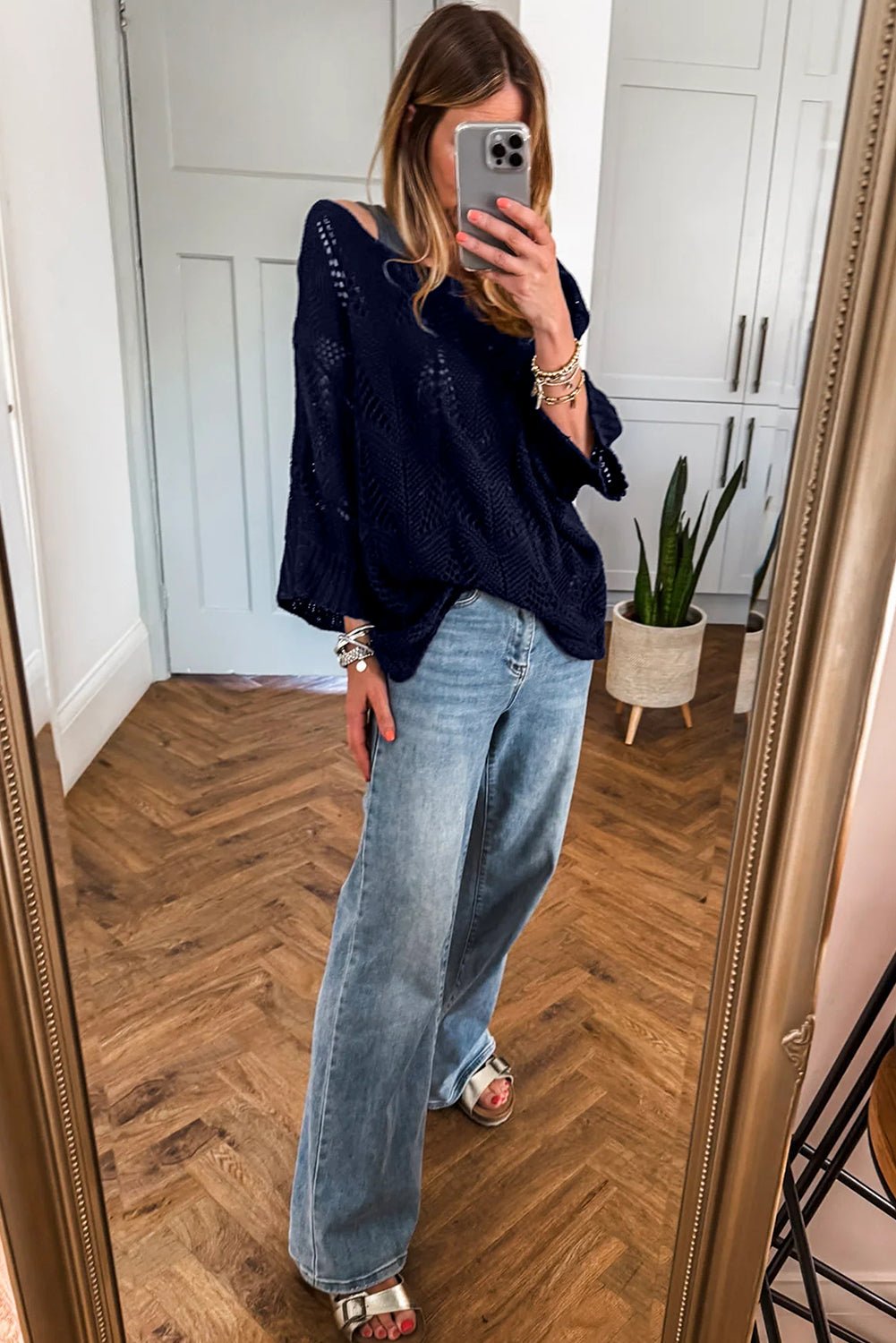 Navy Blue Hollow Out Knit 3/4 Sleeve Loose Sweater - MAD RUFFI