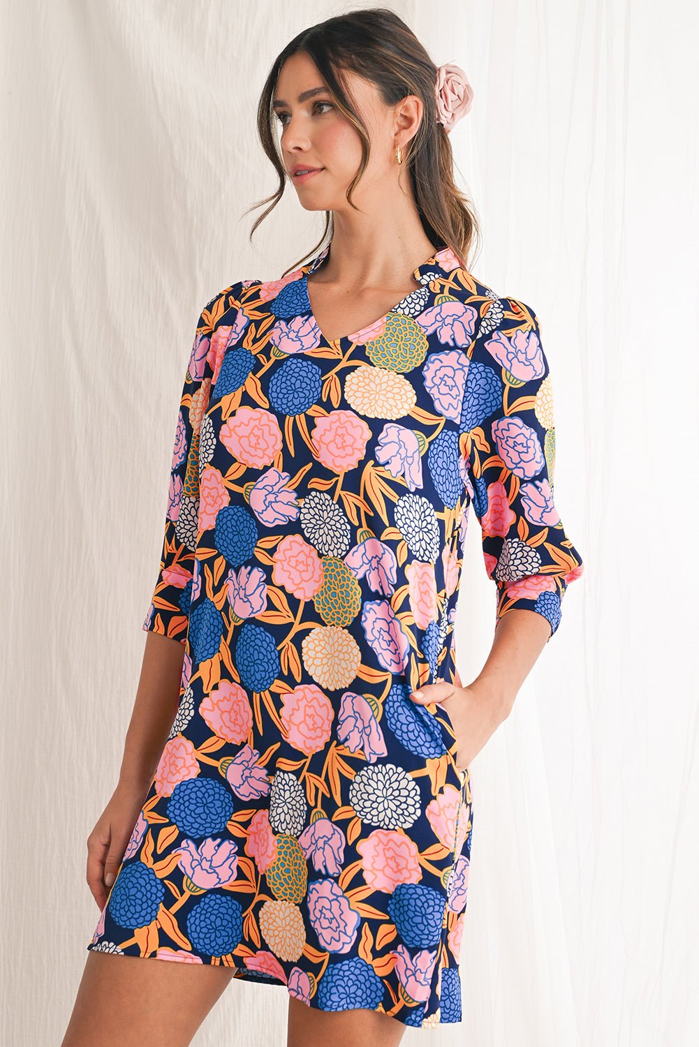Navy Blue Hydrangea Floral V Neck Puff Sleeve Dress - MAD RUFFI