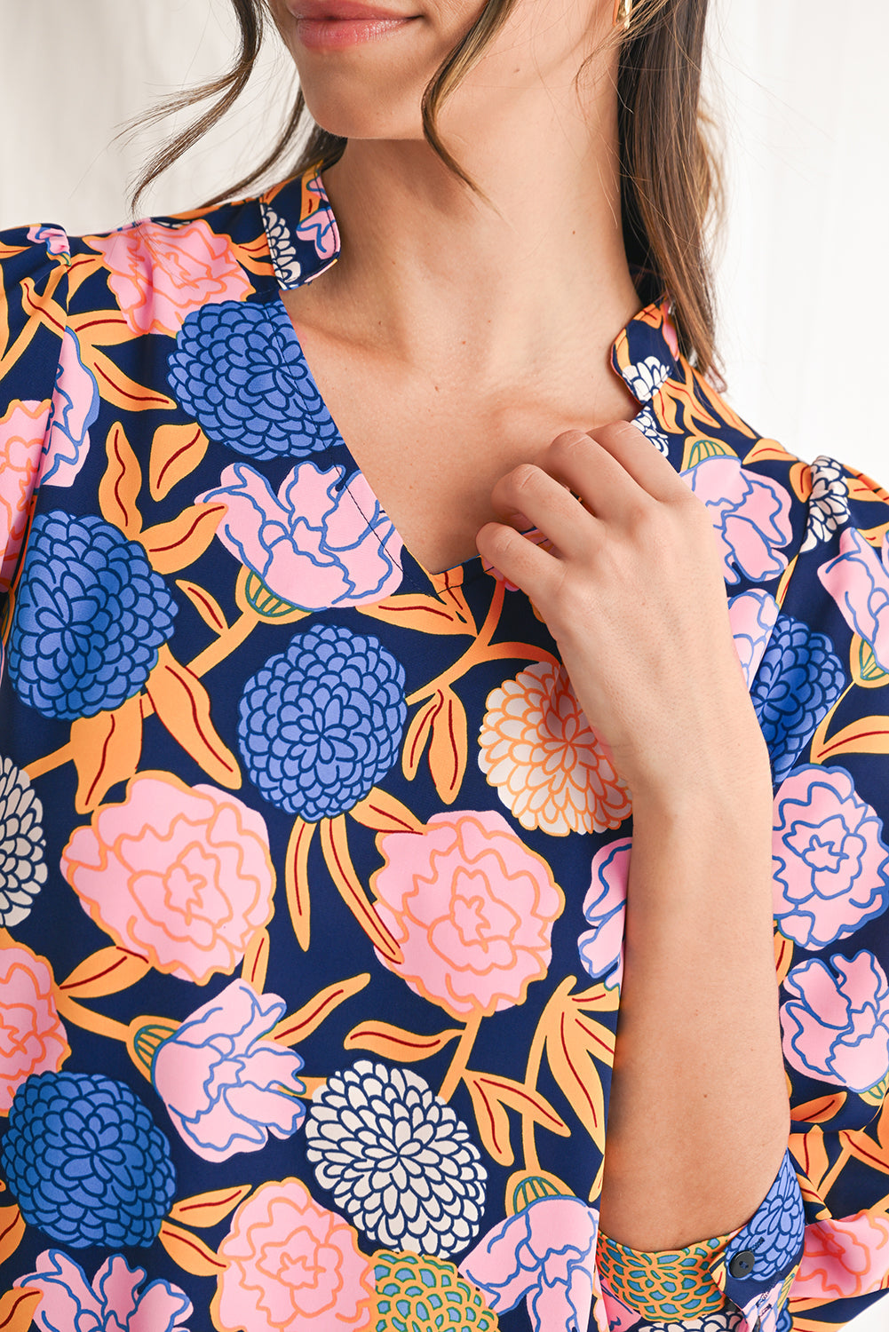 Navy Blue Hydrangea Floral V Neck Puff Sleeve Dress - MAD RUFFI