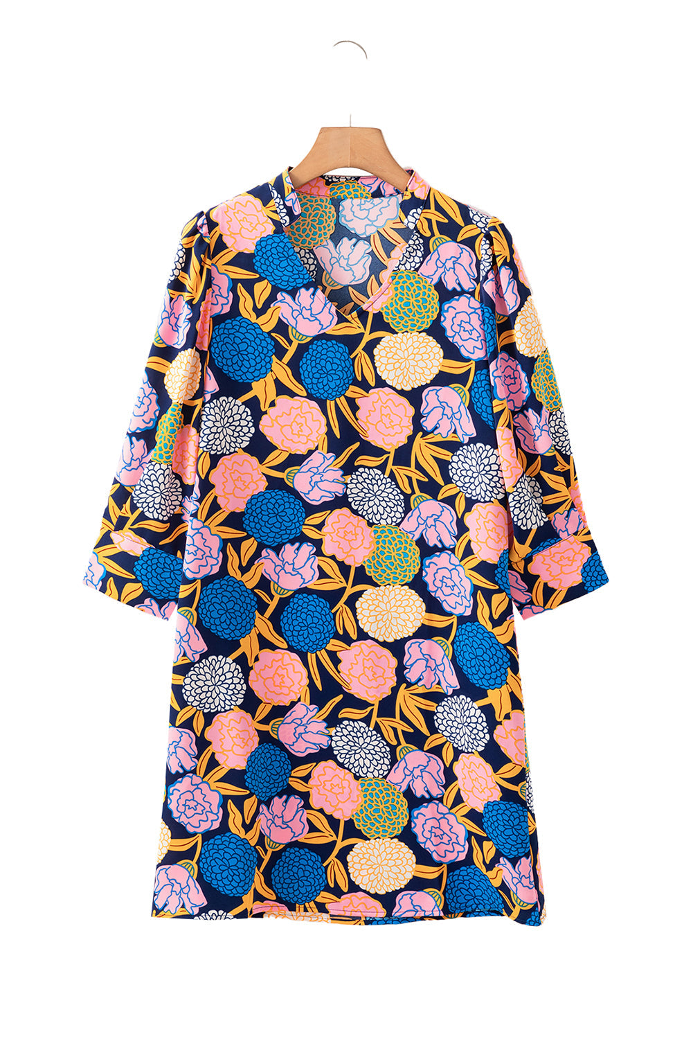 Navy Blue Hydrangea Floral V Neck Puff Sleeve Dress - MAD RUFFI