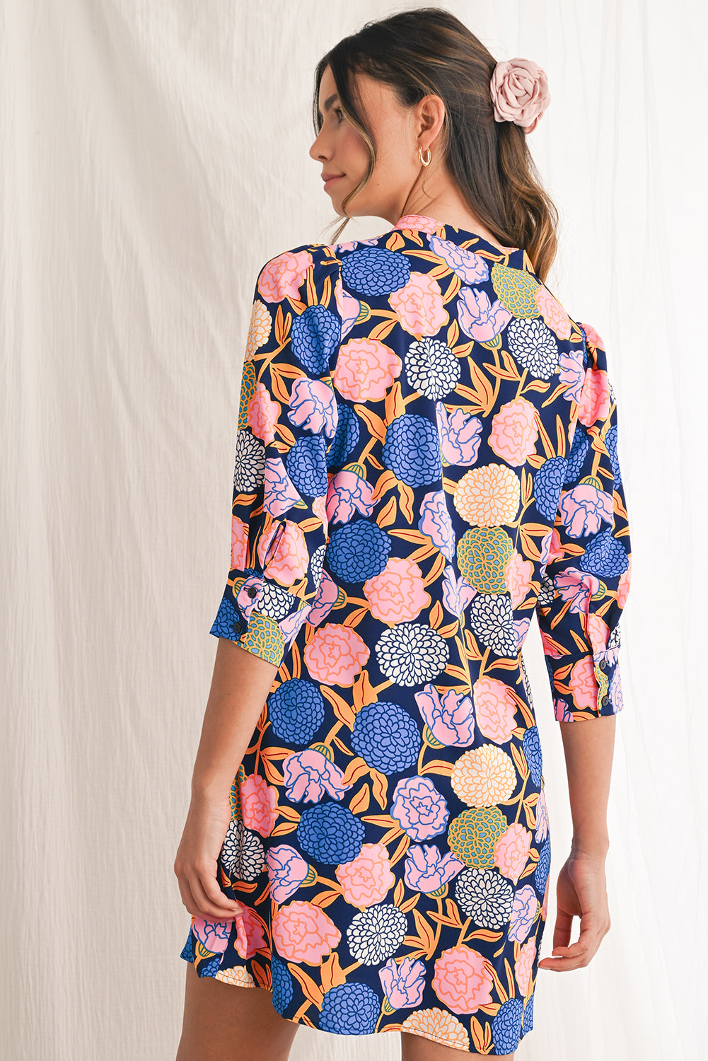 Navy Blue Hydrangea Floral V Neck Puff Sleeve Dress - MAD RUFFI