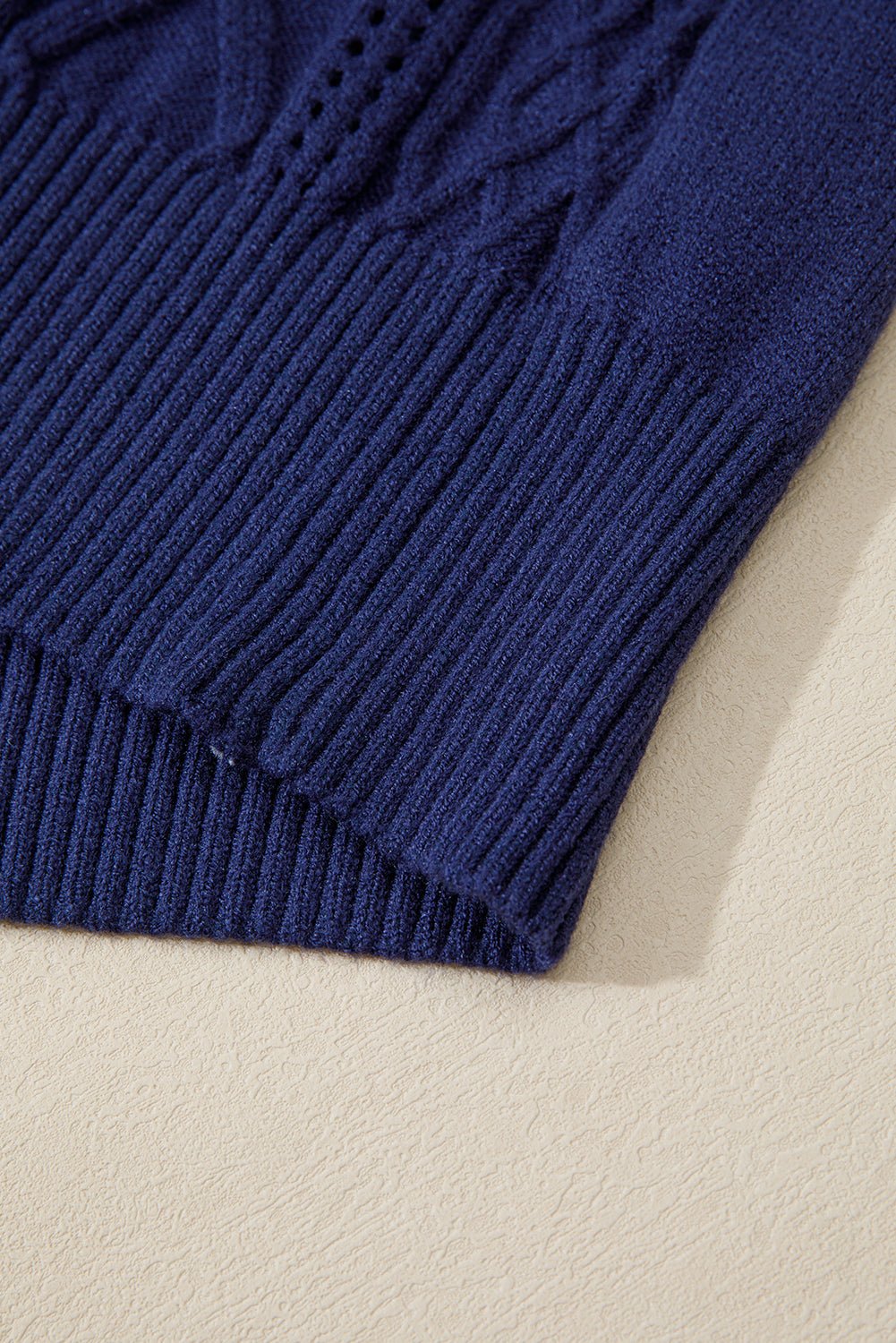 Navy Blue Mix Texture Knit Eyelet Detail Casual Sweater - MAD RUFFI