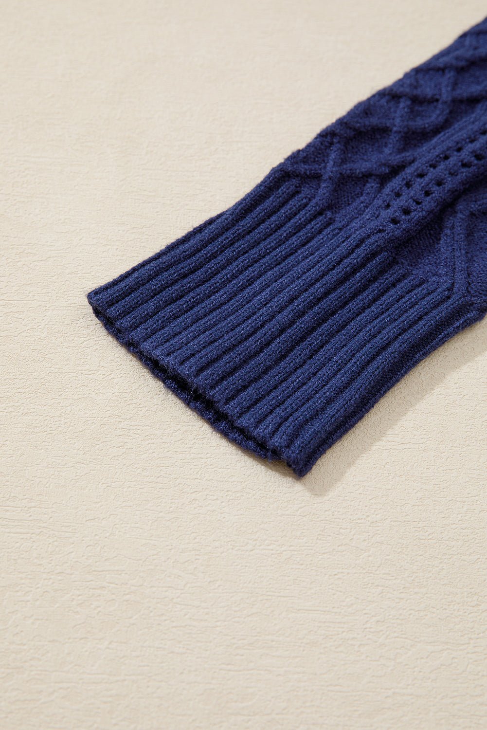 Navy Blue Mix Texture Knit Eyelet Detail Casual Sweater - MAD RUFFI