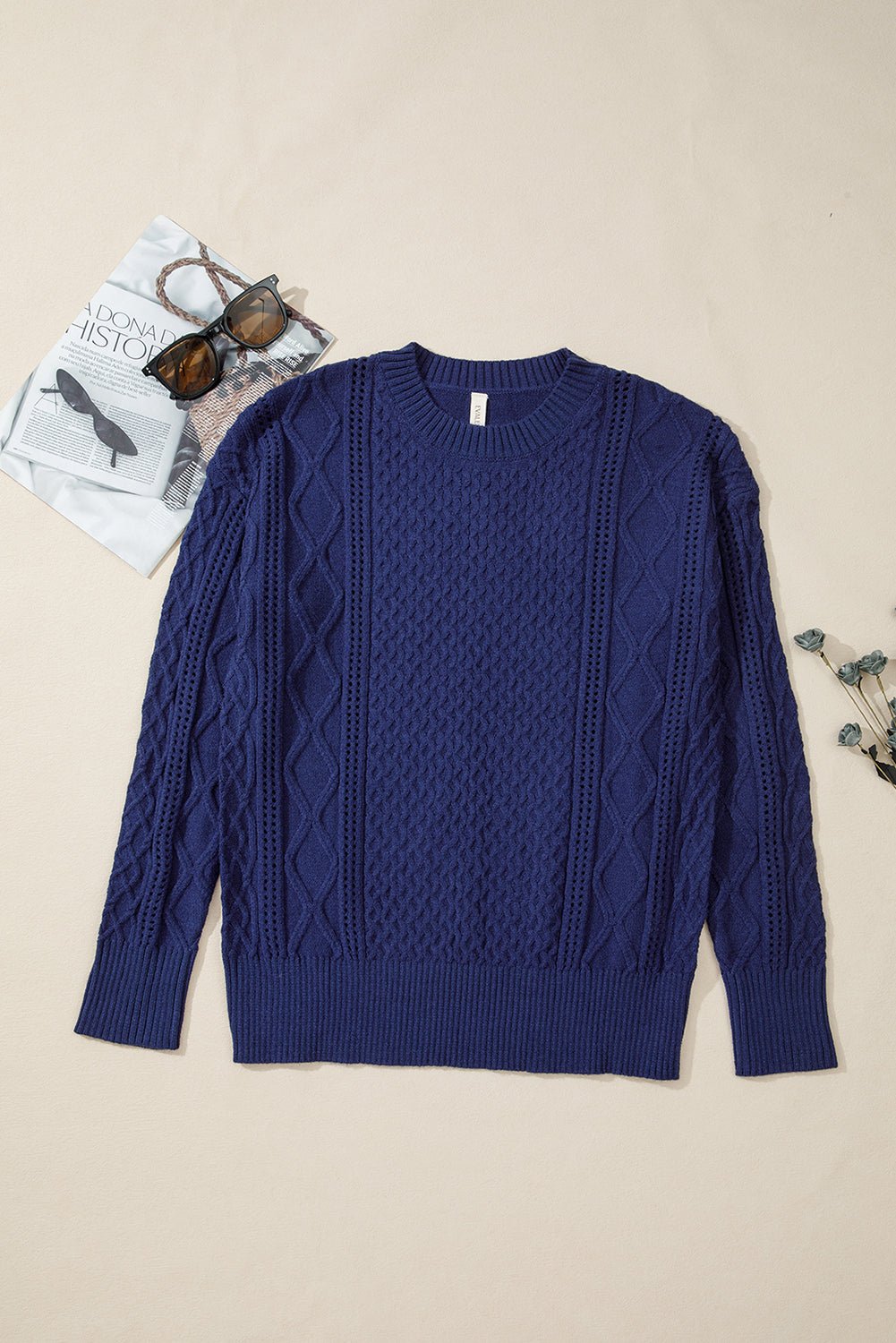 Navy Blue Mix Texture Knit Eyelet Detail Casual Sweater - MAD RUFFI