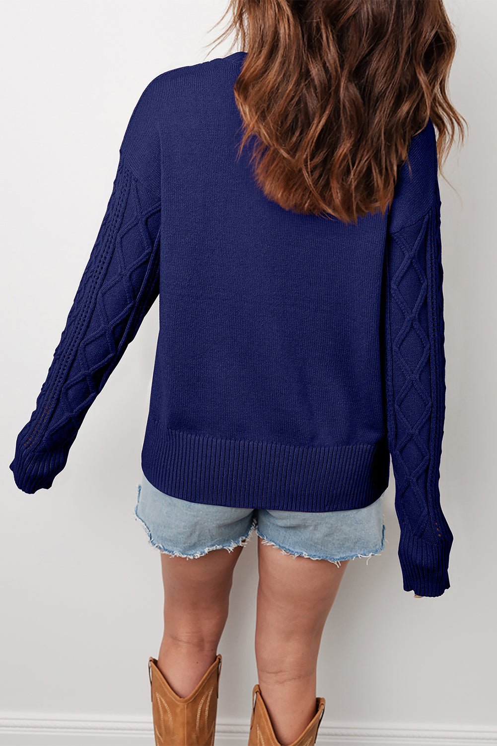 Navy Blue Mix Texture Knit Eyelet Detail Casual Sweater - MAD RUFFI