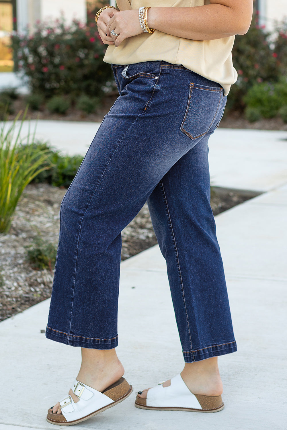 Navy Blue Plus Size Seamed Wide Leg High Waist Jeans - Plus Size Bottoms