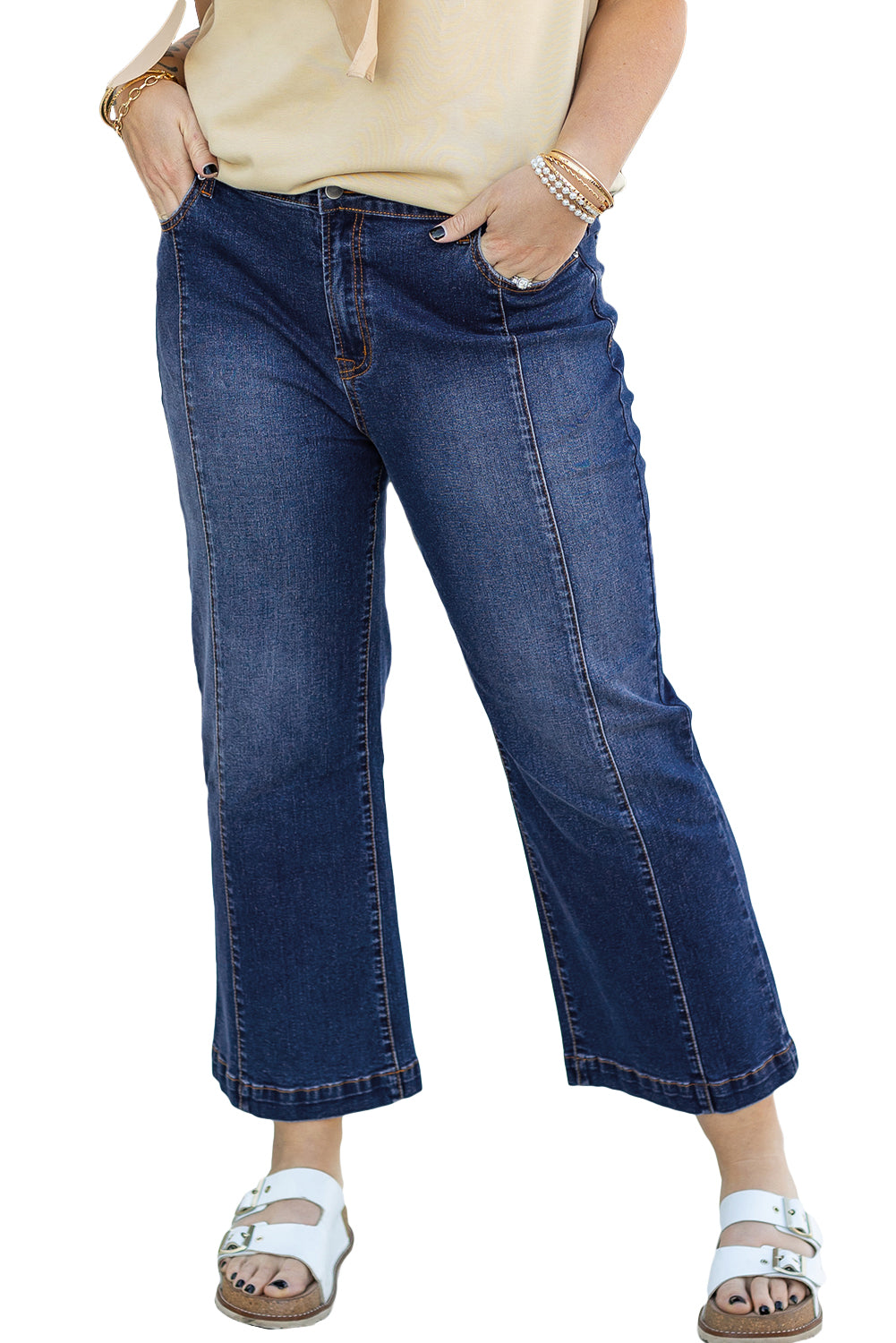 Navy Blue Plus Size Seamed Wide Leg High Waist Jeans - Plus Size Bottoms