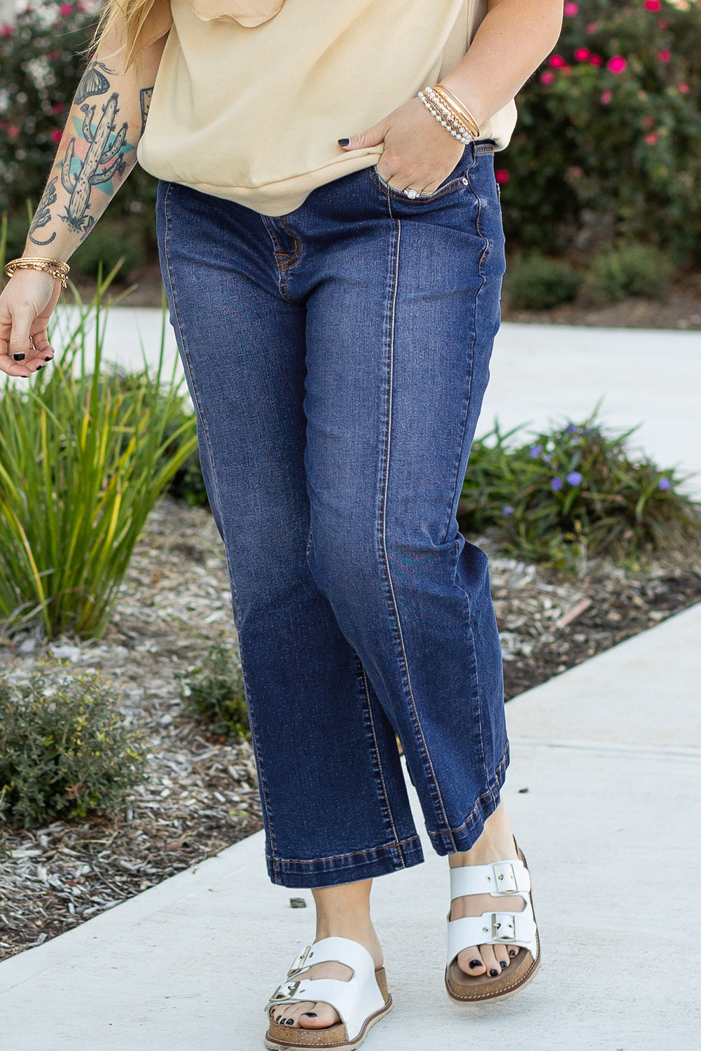 Navy Blue Plus Size Seamed Wide Leg High Waist Jeans - Plus Size Bottoms