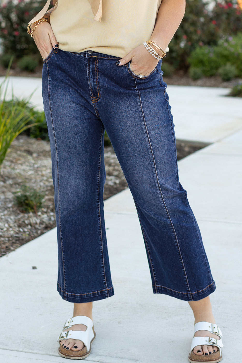 Navy Blue Plus Size Seamed Wide Leg High Waist Jeans - Plus Size Bottoms