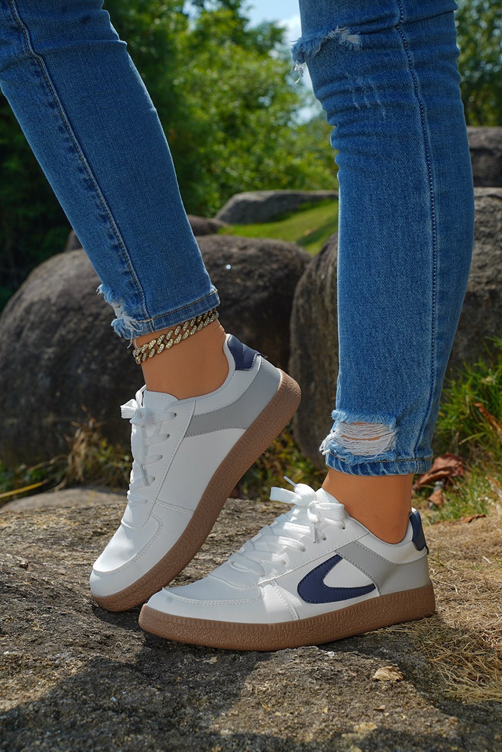 Navy Blue PU Leather Lace Up Sneakers - MAD RUFFI