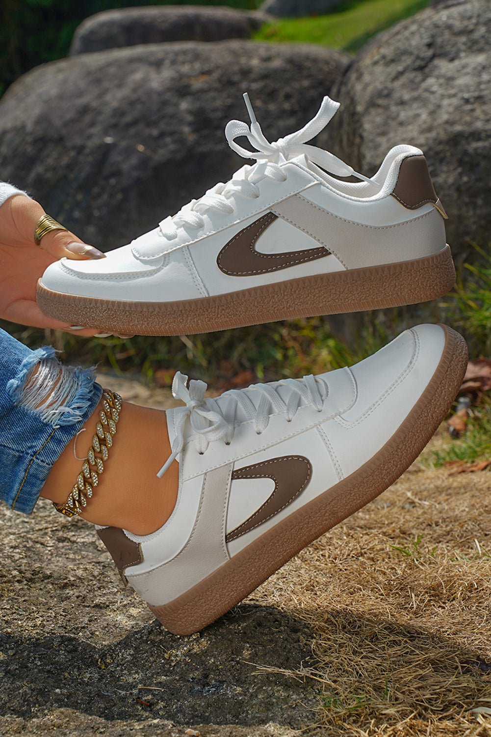 Navy Blue PU Leather Lace Up Sneakers - MAD RUFFI