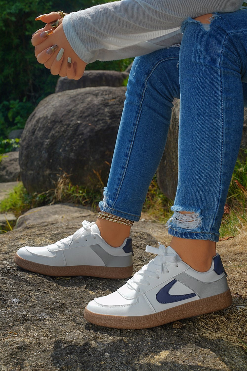 Navy Blue PU Leather Lace Up Sneakers - MAD RUFFI