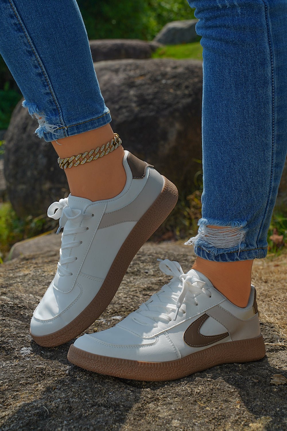 Navy Blue PU Leather Lace Up Sneakers - MAD RUFFI