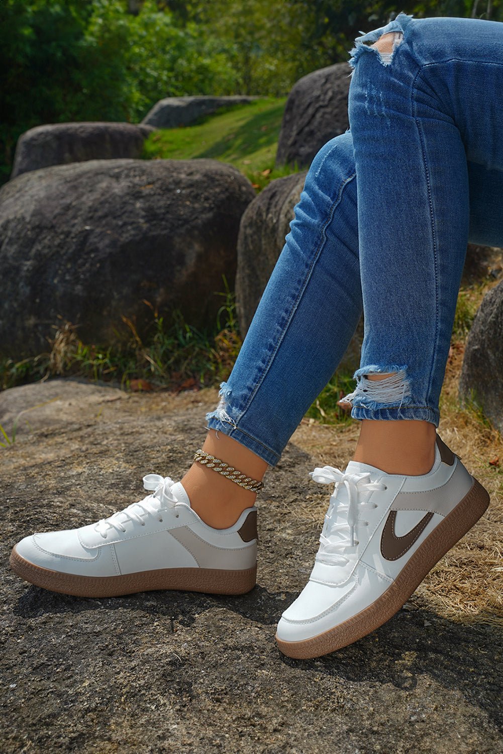 Navy Blue PU Leather Lace Up Sneakers - MAD RUFFI